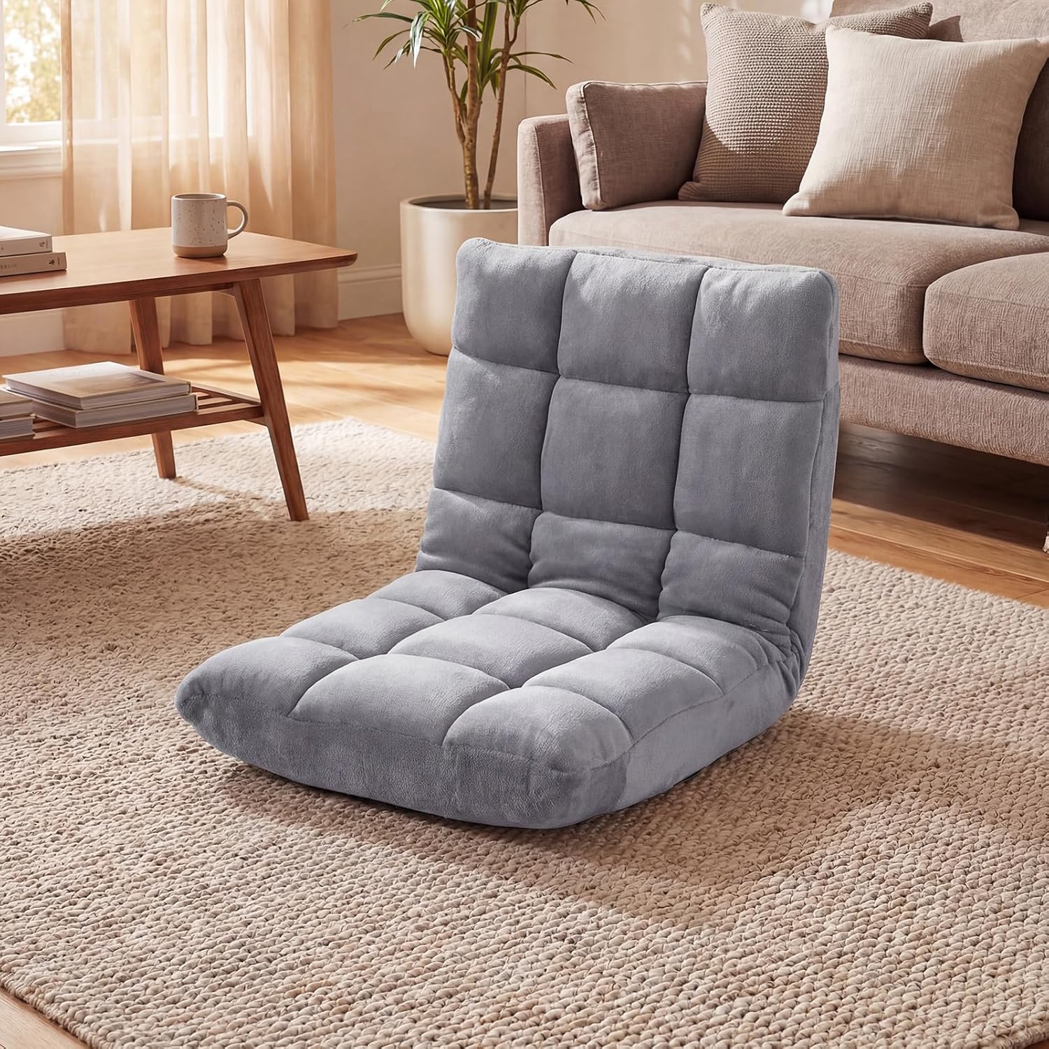 Floor Chair with Back Support, Foldling Gaming Sofa Chair with Comfy Cushion, Adjustable 14-Position Meditation Chairs, Lazy Lounge Recliner Reading Seat for Adults, Kids (Grey, Small)