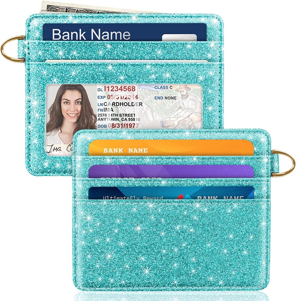 Slim Credit Card Holder Glitter Leather Small Wallet Women Thin Cards Holders RFID Blocking Minimalist Lightweight Small Cute Card Holders for Women, Glitter Teal