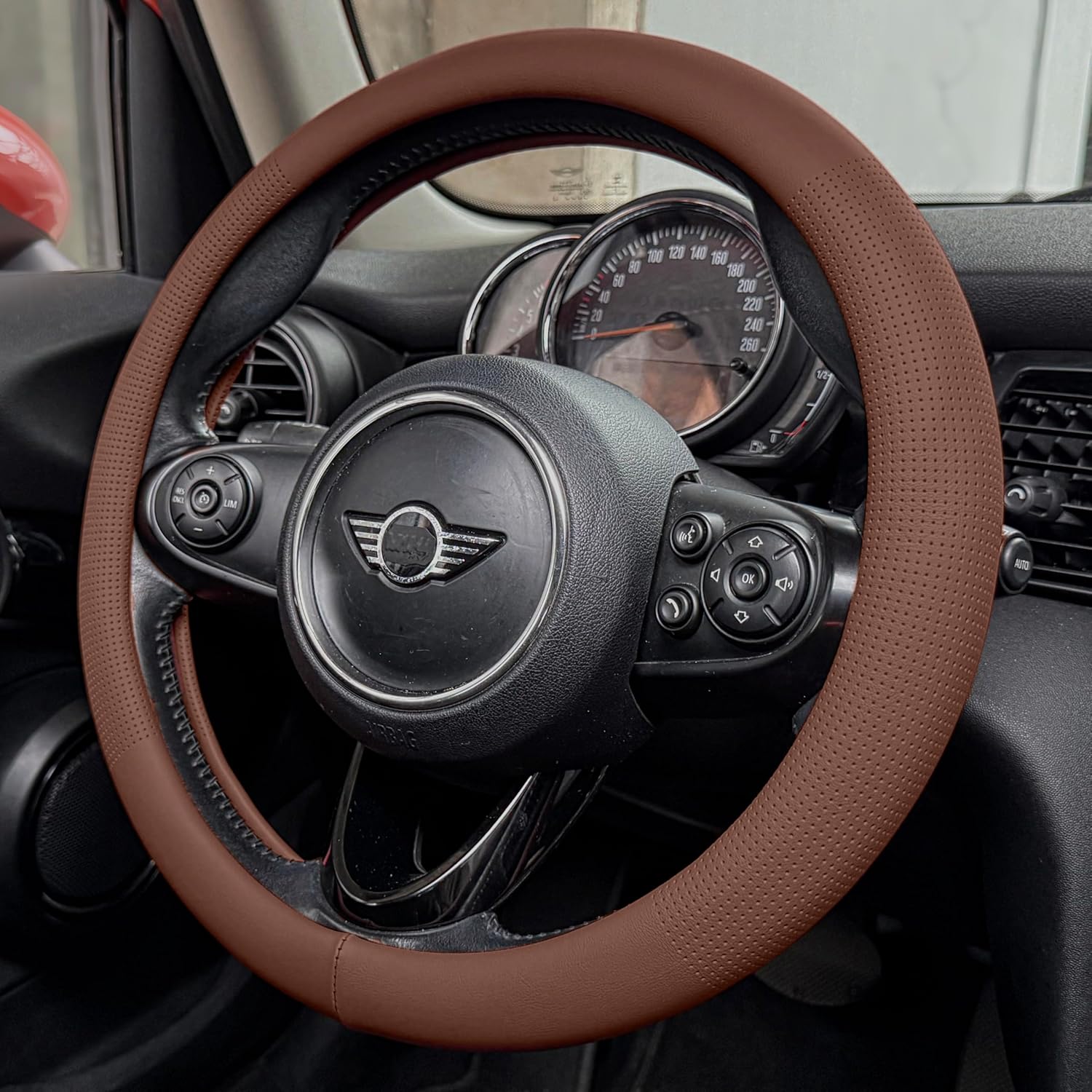 PINCTROT Large Size Nappa Leather Steering Wheel Cover, Slim Fit No Bulk Design, One Piece Leather with Breathable Perforation, Fit Like Gloves, 15.5-15.75 Inch(Nappa Brown)