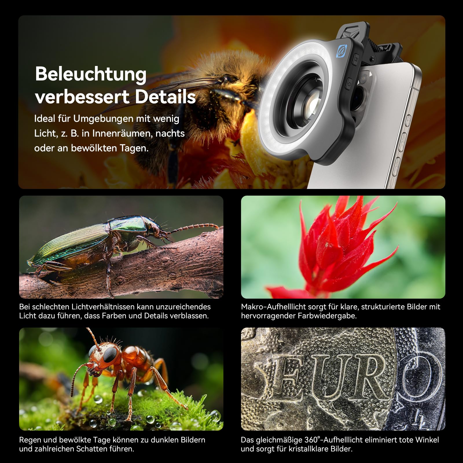 APEXEL HB100-HD Handy Makroobjektiv, F1.8 mit 45 Fülllichtmodi, 10x Handyobjektiv mit Telefonclip, kompatibel mit iPhone 17/16/15, Samsung, Google Pixel und Anderen Smartphones