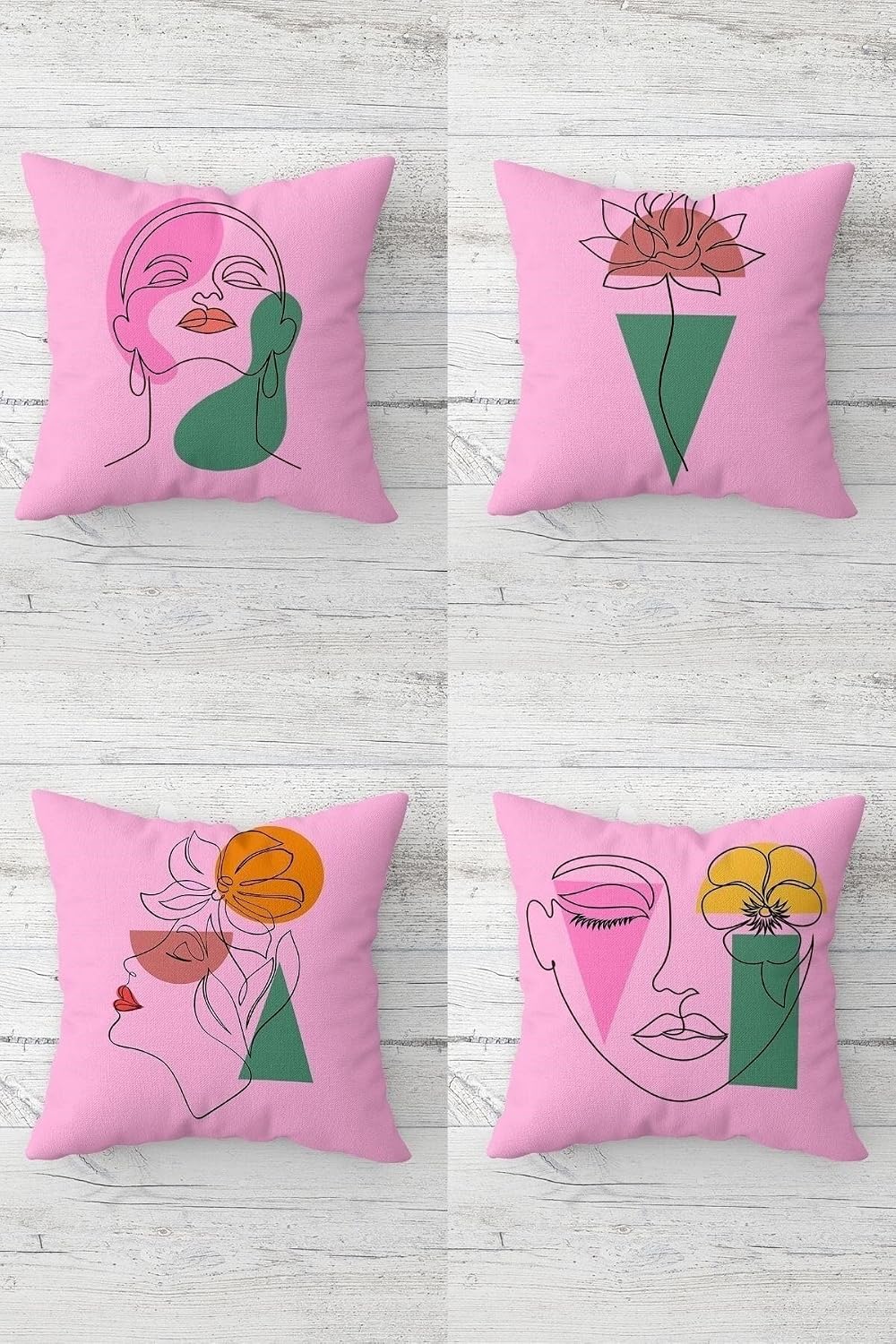 Pelangi Line Art Yüz Ve Çiçek Desenli Gizli Fermuarlı Kırlent Kılıfı Koltuk Yastık Kılıfı Takım(4adet), Pembe-Yeşil 45 x 45