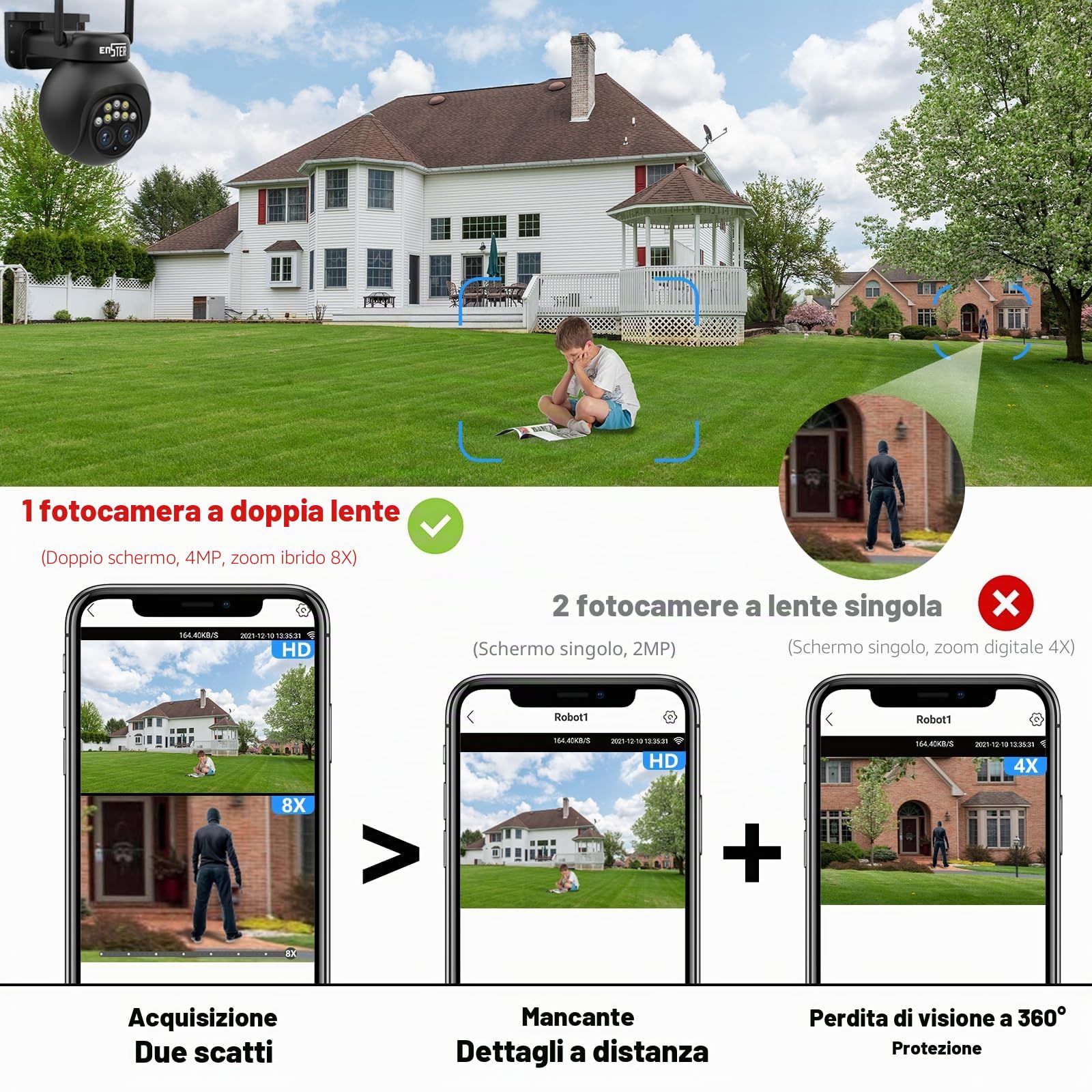 ENSTER PTZ Telecamera Wi-Fi Esterno con Doppio Obiettivo, 2K Camera IP Sorveglianza Tracciamento Auto dello Zoom Rilevamento Umano 8X Zoom Híbrido,Visione Notturna a Colori,Audio Bidirezionale