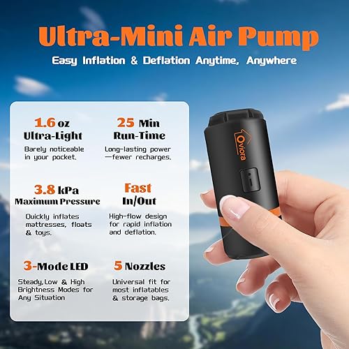 Miniatura 2 de Mini bomba de aire  Bomba de aire eléctrica portátil con luz LED de 3 modos y base magnética, incluye 5 boquillas, ideal para camping, cama de aire
