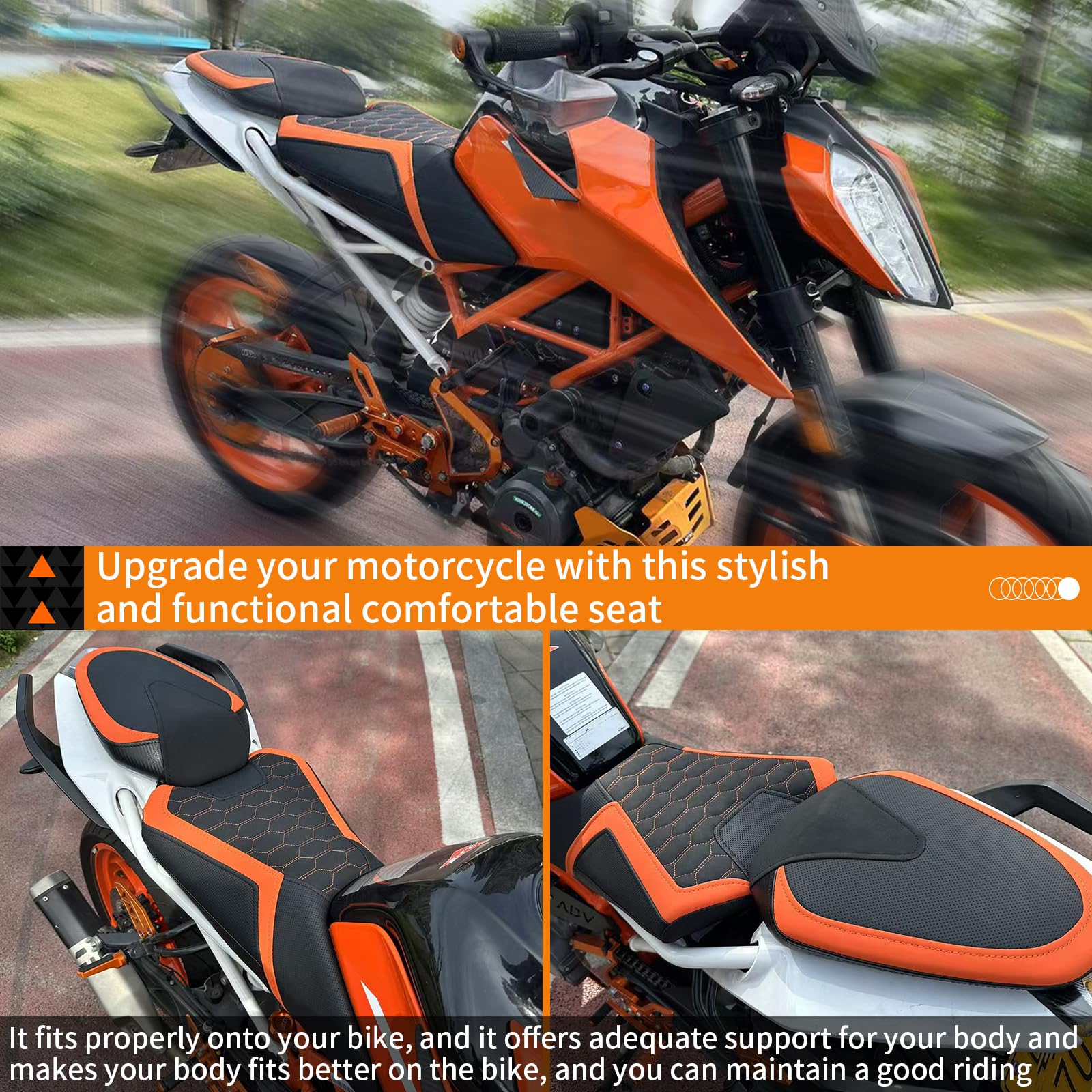 WOOGA Coussin de siège de Passager Avant et arrière de Moto, Cuir synthétique de Capot adapté pour K&T&M Duke 390/125/250 Accessoires 2017-2023 (Avant Noir-Plus Haut 15MM)