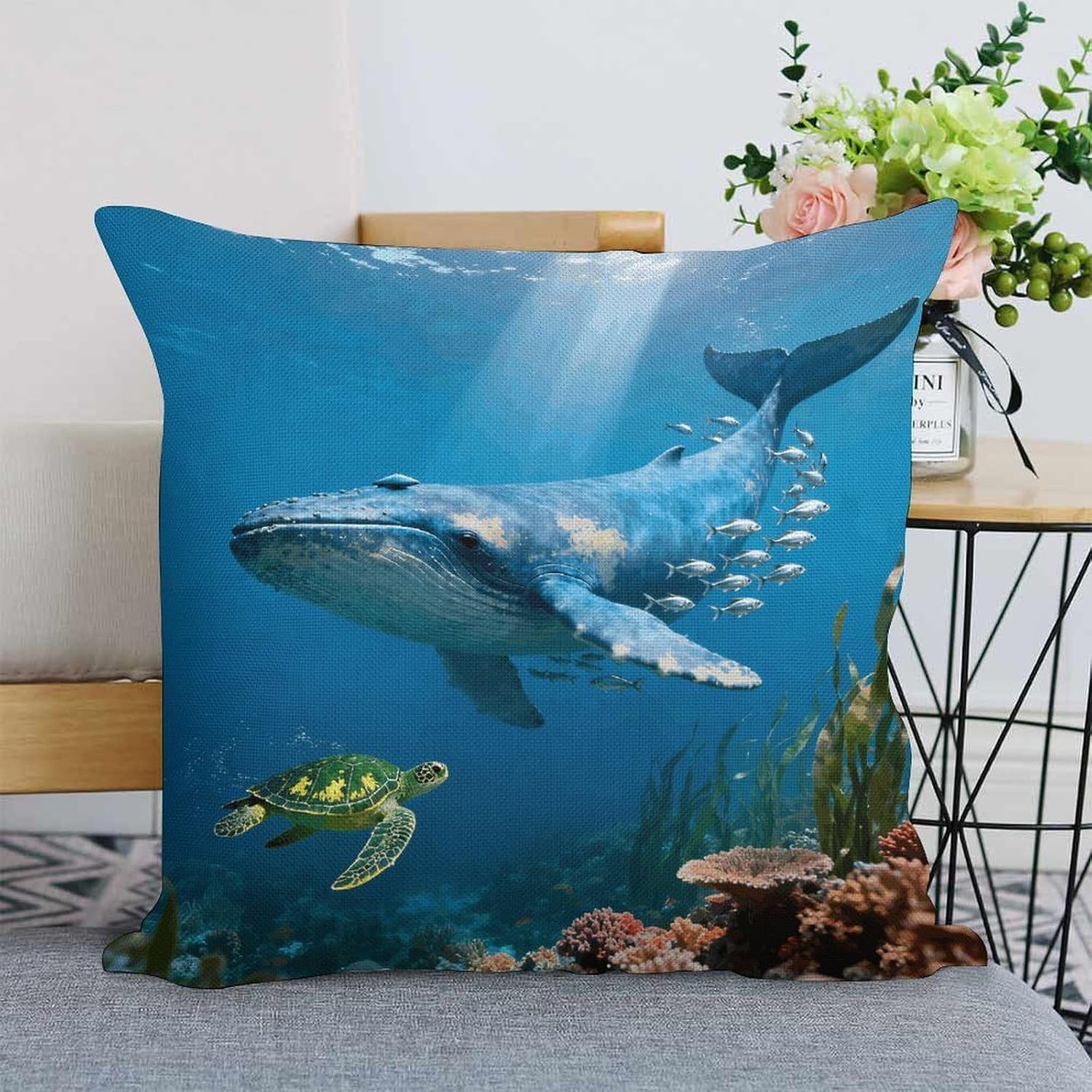 Marine Life Whale Turtle Pillow Protectors Cute Waterproof Pillow Cover Soft Skin-Friendly Cushion Case Decorative Square Cushion Cover for Couch Sofa Bed Living Room Bedroom