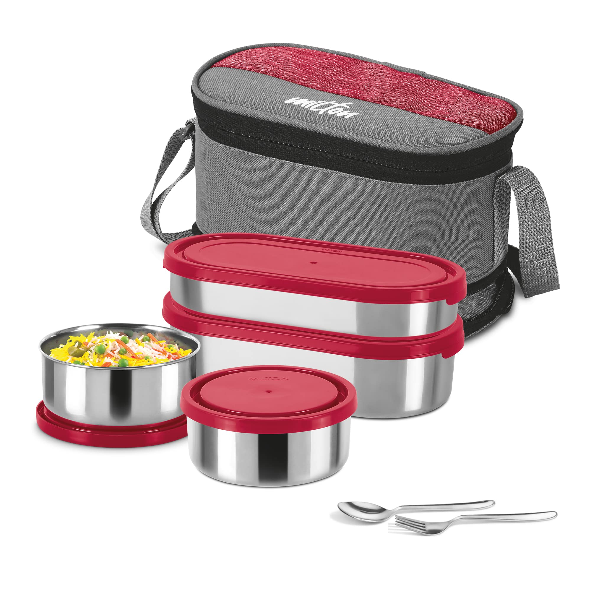 MILTON Corporate Lunch Box Stainless Steel Tiffin (2 Round Container 280 ml Each and 1 Pc Oval Container 500 ml) with Bag, Leak Proof & Airtight Containers with Spoons, Blue — Amazon image 6