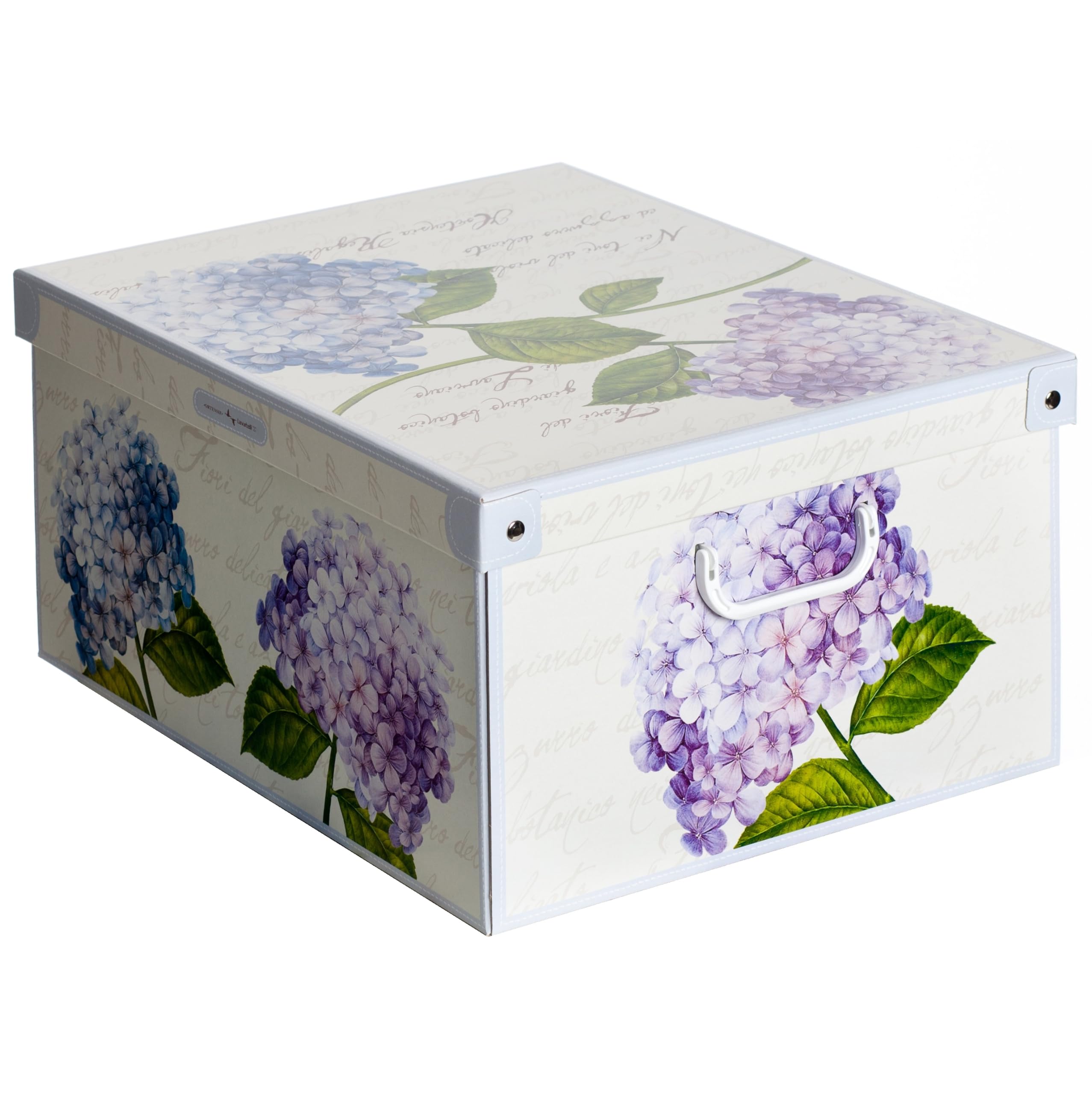 Lavatelli Set aus 6 Aufbewahrungsboxen mit Deckel – Große Kleiderboxen aus Karton 39x50x24 cm – Robust, leicht zu montieren, mit Tragegriffen – Perfekt für Kleiderschrank & Saisonwechsel Hortensien