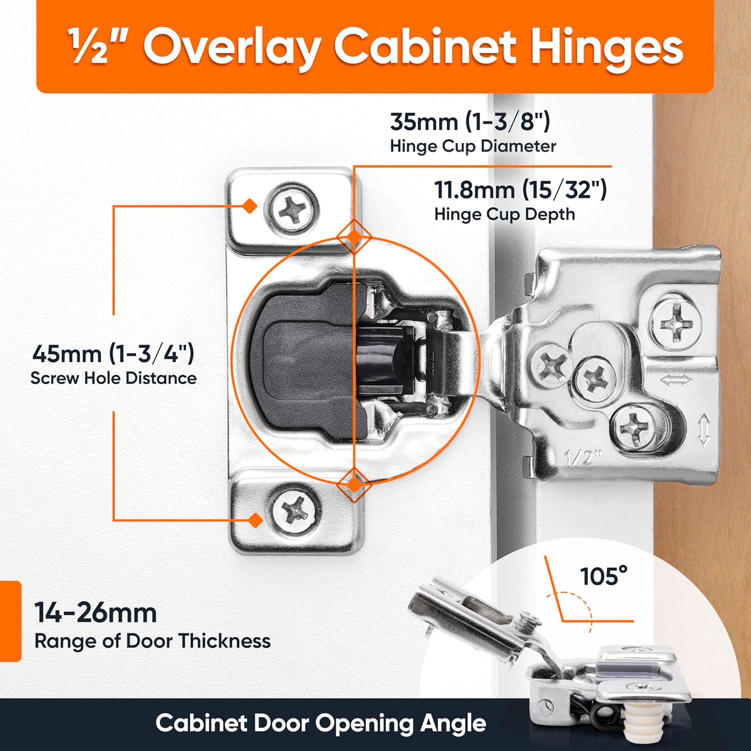 Decobasics 50 Pack Soft Close Cabinet Hinges – 1/2" Overlay for Kitchen Cabinet Doors, Slow Self-Closing Concealed Hidden Hinges for Face Frame –Stainless Steel, 3-Way Adjustable & Quiet Close Damper