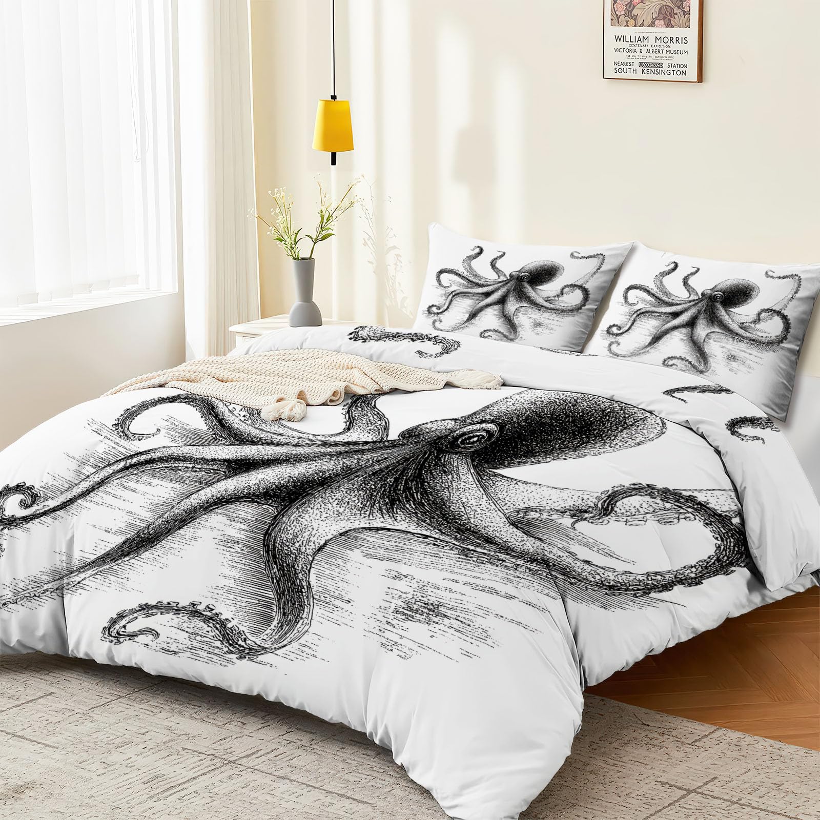 Biała, oddychająca poszewka na kołdrę, 230 x 220 cm, tajemnicze zwierzę morskie, ośmiornica, miękka, łatwa w pielęgnacji, z mikrofibry, portret zwierzęcy, zestaw pościeli z zamkiem błyskawicznym i
