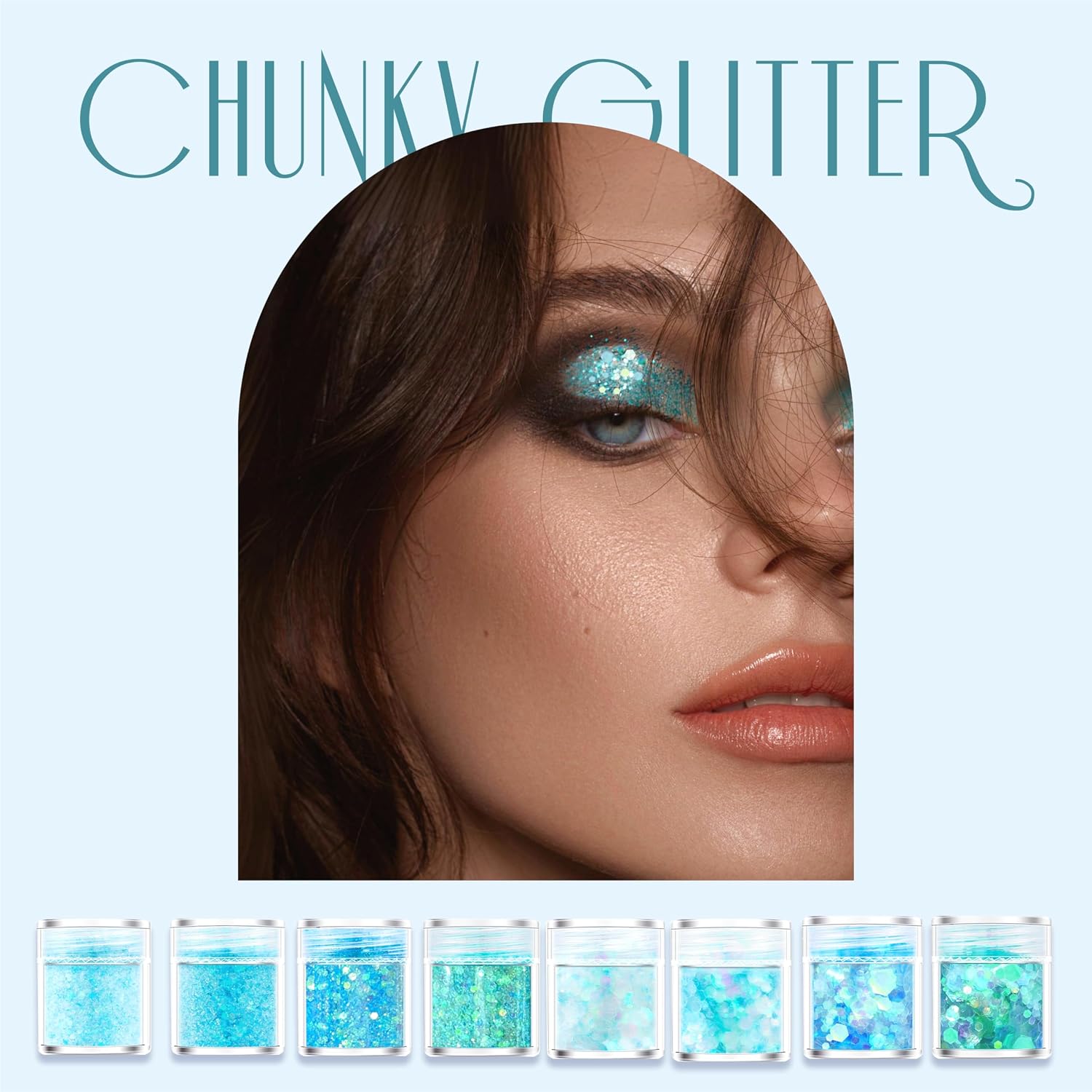 GABOX 8-Jar Holographic Chunky Glitter Set for Cosmetic Nail Resin Handmade | Ice Blue, Iridescent Art Glitter for Body Face Eyes Hair & Craft, Fine Powder + 1mm + 2mm + 3mm Sequins Flakes Set
