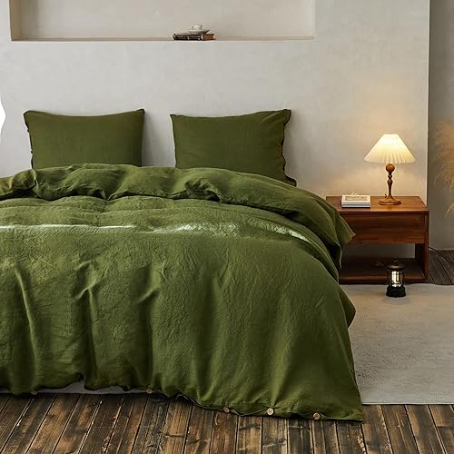 Simple&Opulence 100% Linen Duvet Cover Set, 3 Pieces Belgian Flax Breathable Bedding, 1 Comforter Cover+2 Pillowshams with Coconut Button Closure(King,Olive Green) - Olive Green - King