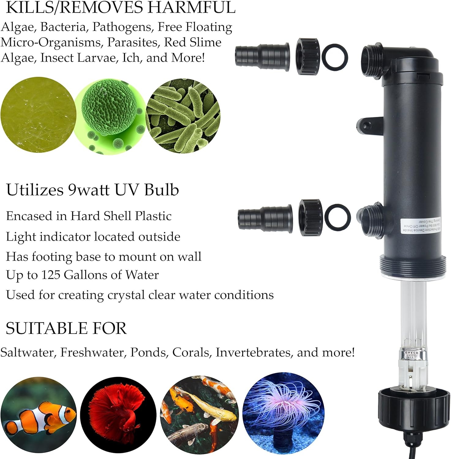 9W Non-Submersible UV Ultraviolet 11" Light Clarifier Lamp Filter for Aquarium Koi Pond Fish Tank
