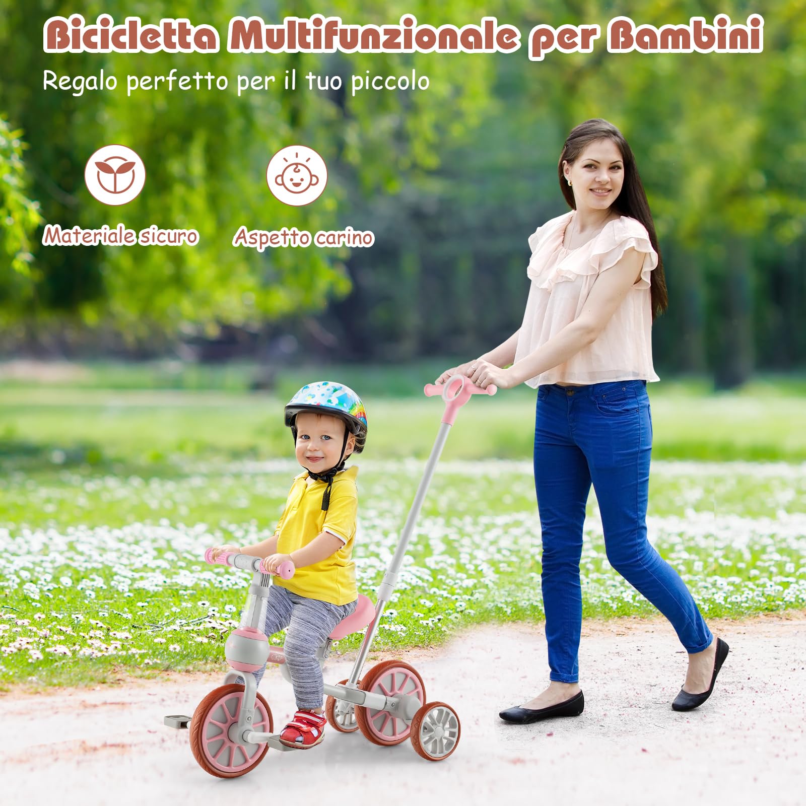 RELAX4LIFE 4 in 1 Triciclo per Bambini con Maniglione, Altezza Sedile a 2 Livelli, Maniglia di Spinta Regolabile e Pedali Rimovibili, Bicicletta Equilibrio per Bambini 2-4 anni (Rosa)