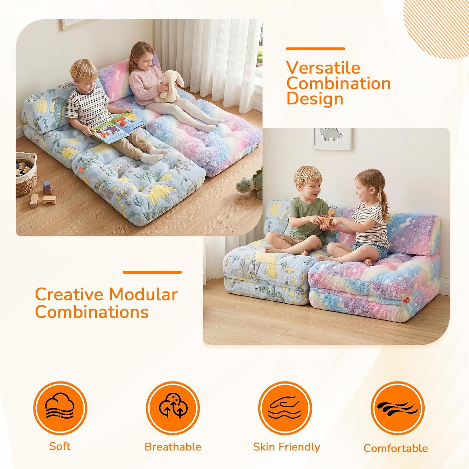 MeMoreCool Kids Couch, 3-in-1 Fold-Out Foam Chair | Rainbow Unicorn