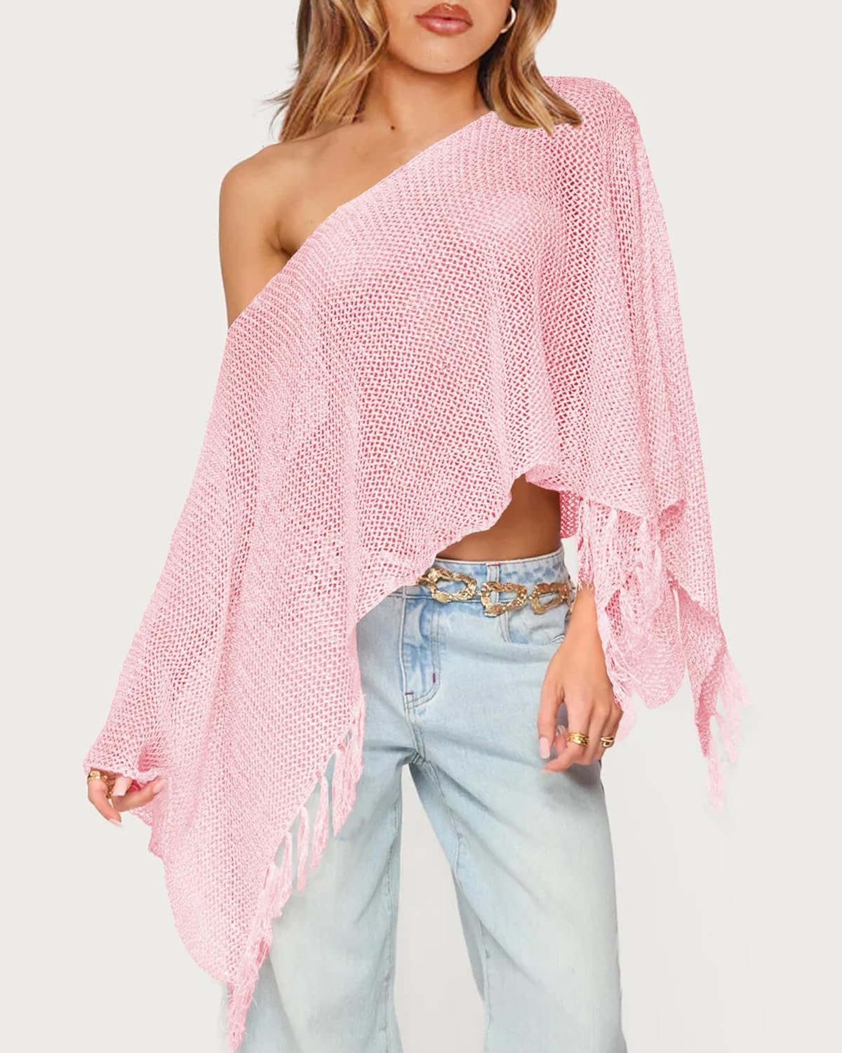 Womens Summer One Shoulder Knit Sheer Poncho Trendy Lightweight Boat Neck Fringe Pullover Sweaters - Image 5
