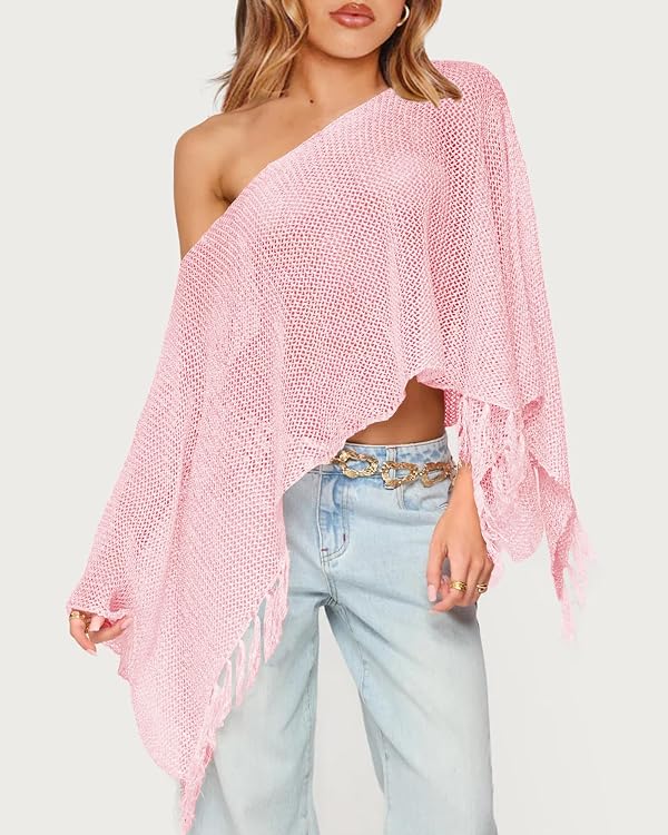 RPYHF Womens Sheer Knit Fringe Poncho Top Light Crochet Sequin Poncho Shawl by RPYHF - Image 2
