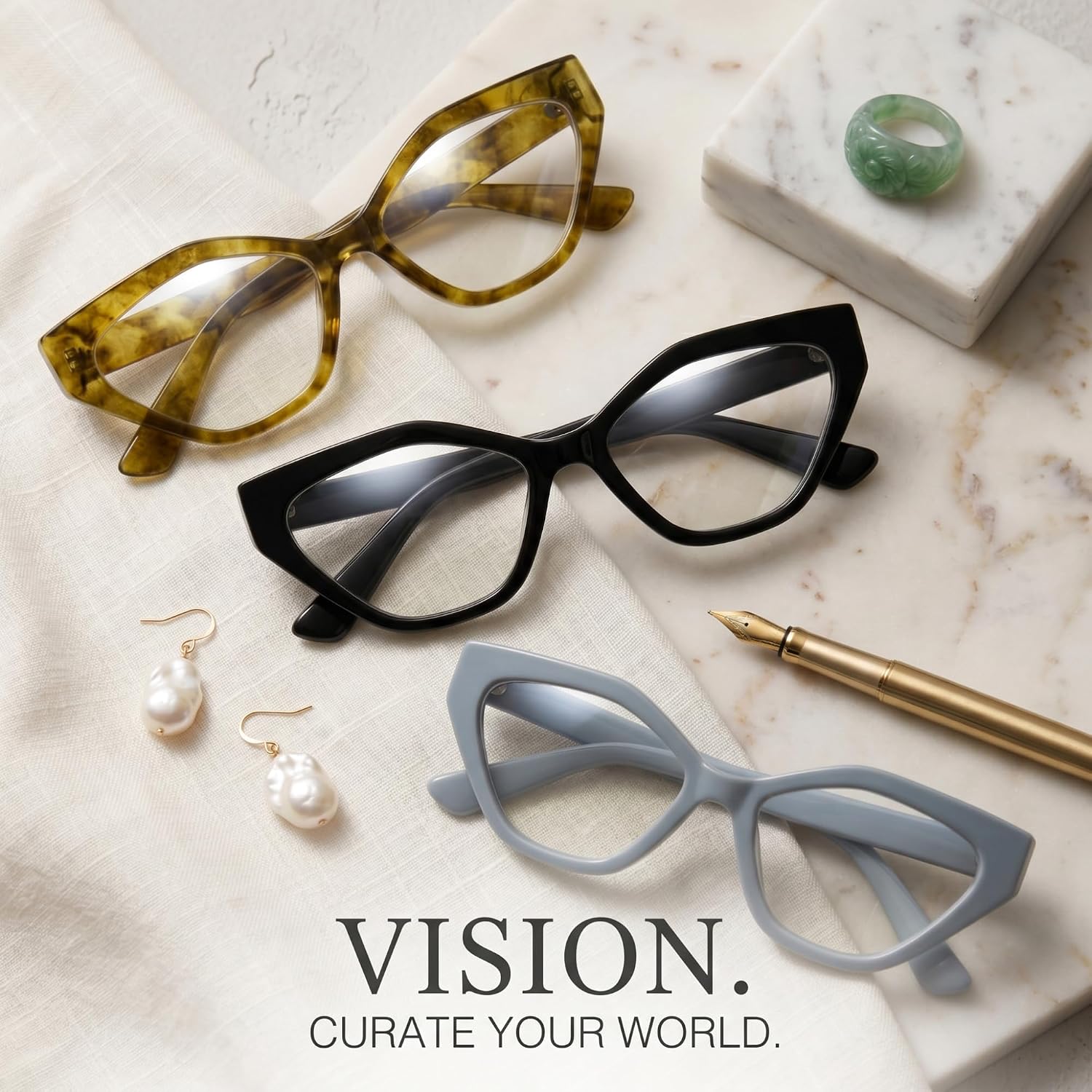 2SeeLife 3-Pack Oversized TR-90 Cat Eye Reading Glasses for Women – Medium-Wide Fit, Sturdy Frame, Premium Geometric Readers, Amber Gold, Black, Pastel Blue, +1.00