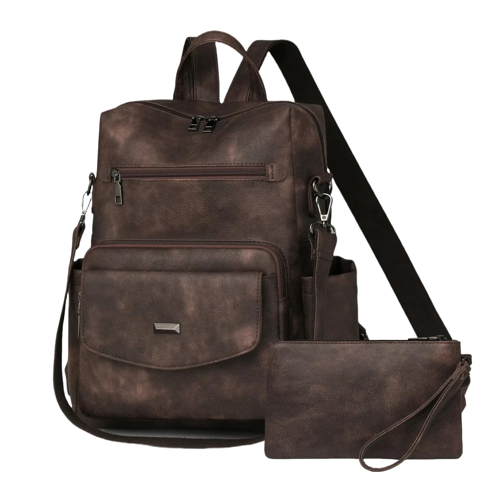 Dora & Liz Women's Leather Backpack Purse Fashion Travel Backpack Designer Convertible Shoulder Bag Work Handbag with Wristlet (Coffee)