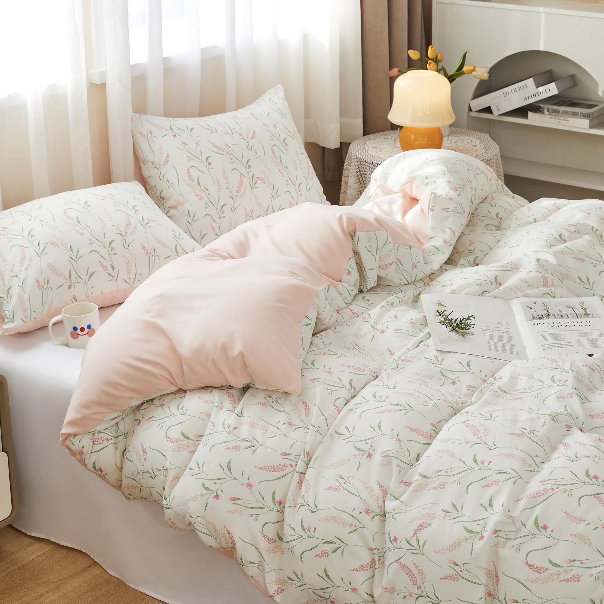 BOLINLIVING Pink Floral Duvet Cover Queen Size, Reversible Botanical Spring Duvet Cover Set with 2 Pillowcases, Breathable Soft Microfiber Bedding Set for All Season with Zipper Closure