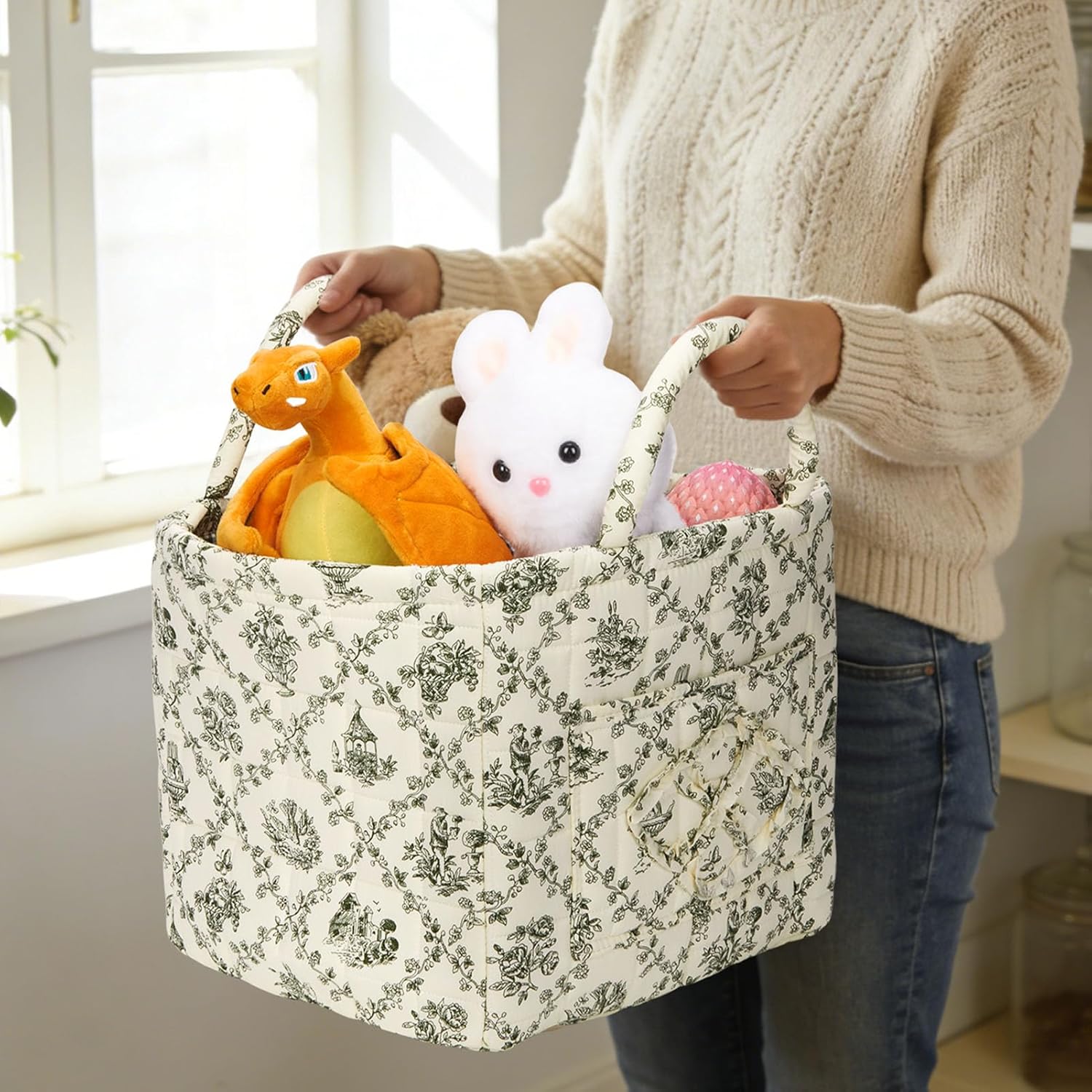 Quilted Fabric Basket Car Storage Basket Boho Floral Laundry Hamper for Nursery Bedroom & Living Room | Organize Clothes Toys