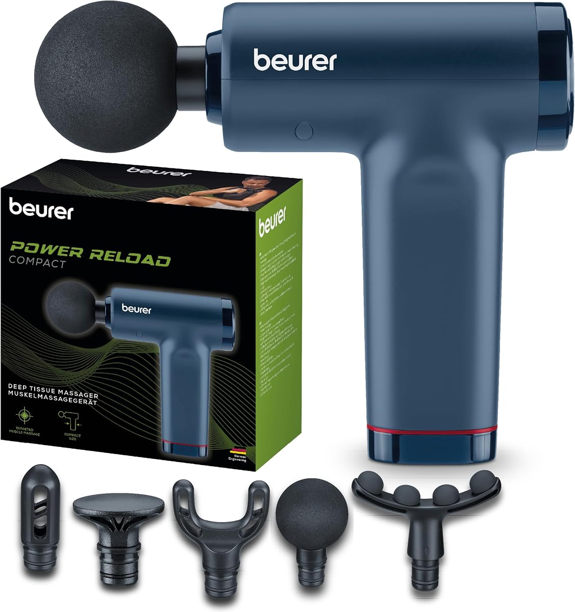Beurer PowerReload compact Massagepistole, professionelle Triggerpunktmassage für Entspannung & Regeneration, kraftvolles Muskelmassagerät mit 5 Aufsätzen, 5 Intensitätsstufen, extrem leise