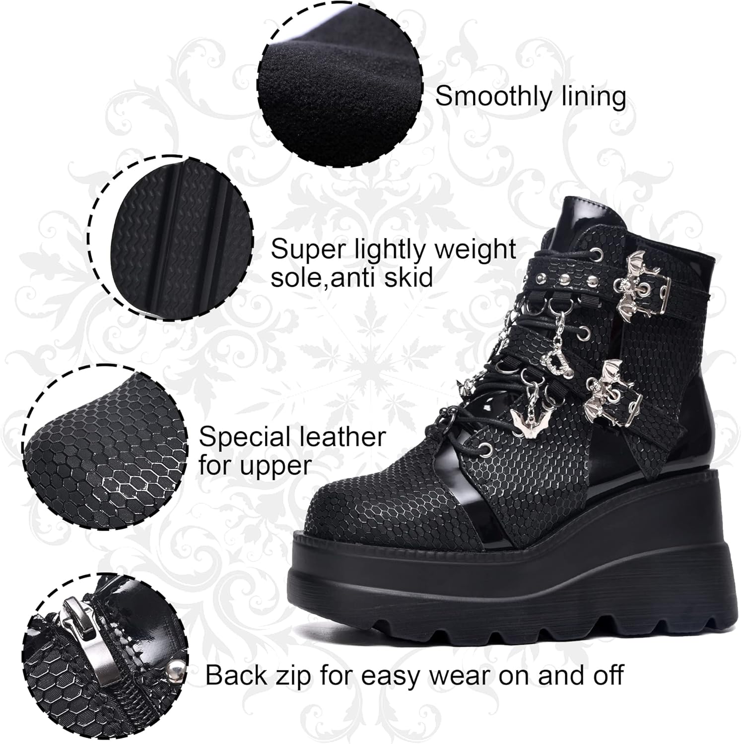 Gothniero Platform Goth Ankle Boots for Womem Black Holographic Combat Chunky Heel Boots with Side Zip Lace Up Wedge Booties US5.5-11