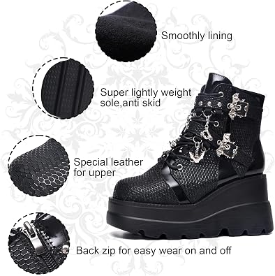 Gothniero Goth Platform Boots Black Gothic Chunky Heel Boots for Women Combat Ankle Wedge Booties with Side Zip Lace Up Size 3UK-8UK