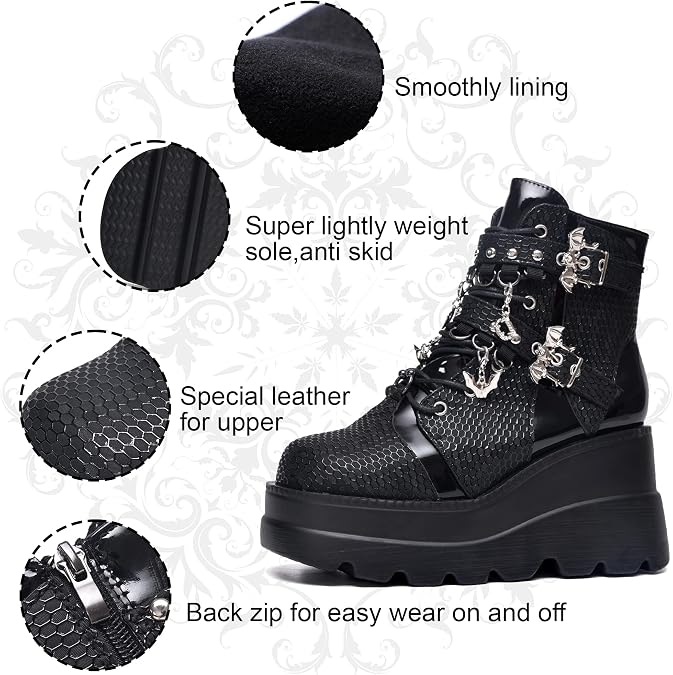 Gothniero Goth Platform Boots Black Gothic Chunky Heel Boots for Women Combat Ankle Wedge Booties with Side Zip Lace Up Size 3UK-8UK