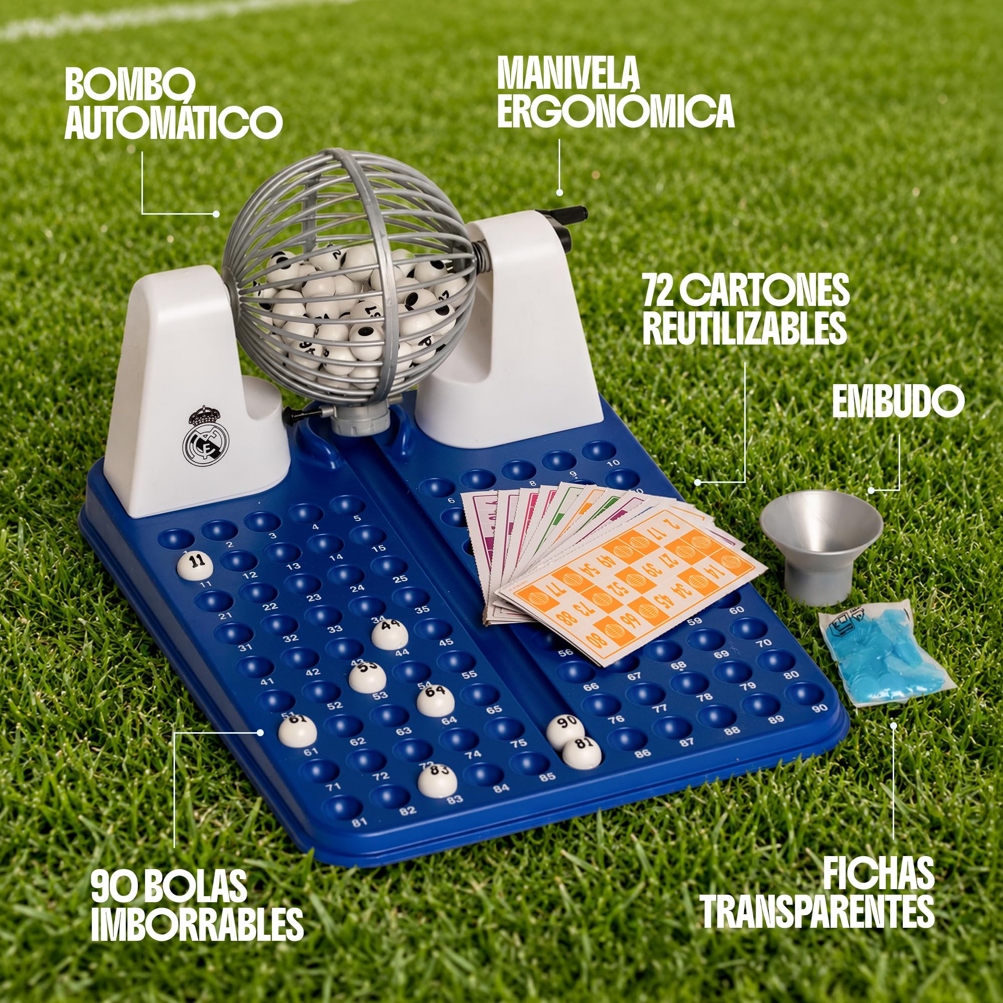 Falomir - Bingo XXL Premium Real Madrid – Juego de Bingo Familiar con Bombo Automático | Producto Oficial Real Madrid | 90 Bolas Imborrables y 72 Cartones Reutilizables | +8 Años | Regalo Real Madrid