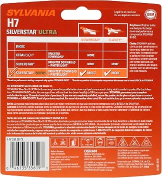 SYLVANIA - H7 SilverStar Ultra - High Performance Halogen Headlight Bulb, High Beam, Low Beam and Fog Replacement Bulb, Brightest Down Road with Whiter Light, Tri-Band Technology (Contains 2 Bulbs)