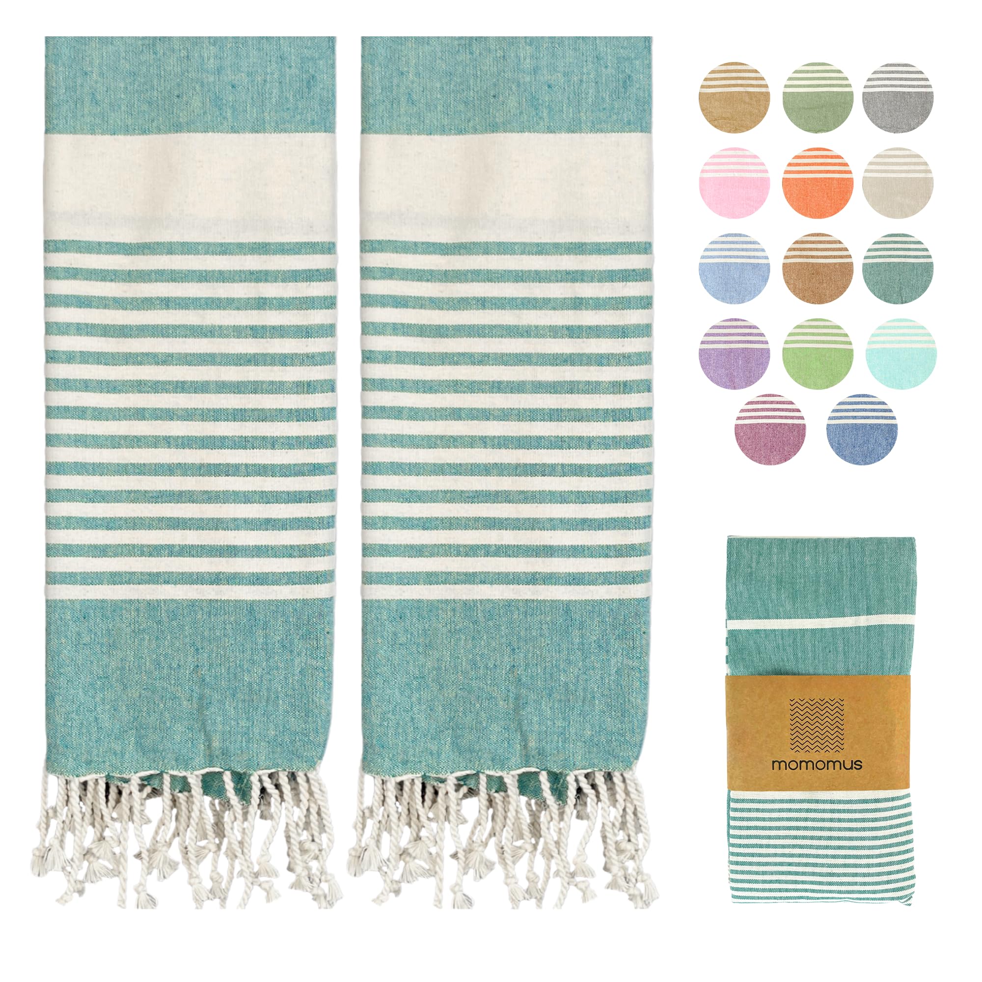 MOMOMUS Pack de 2 Foutas XL o Toallas de Playa Grandes de Algodón 100% - Absorbentes, Ultrasuaves, Compactas - Ideal como Pareo y Toalla para Sauna, SPA y Piscina - Verde, 90x180cm