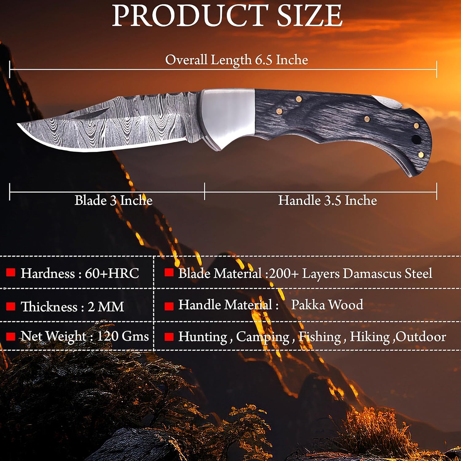 6.5 Inch Handmade Damascus Folding Knife for Men with Gray Handle – Back Lock Utility Knife with Leather Sheath for Camping, Hiking & Outdoor Use
