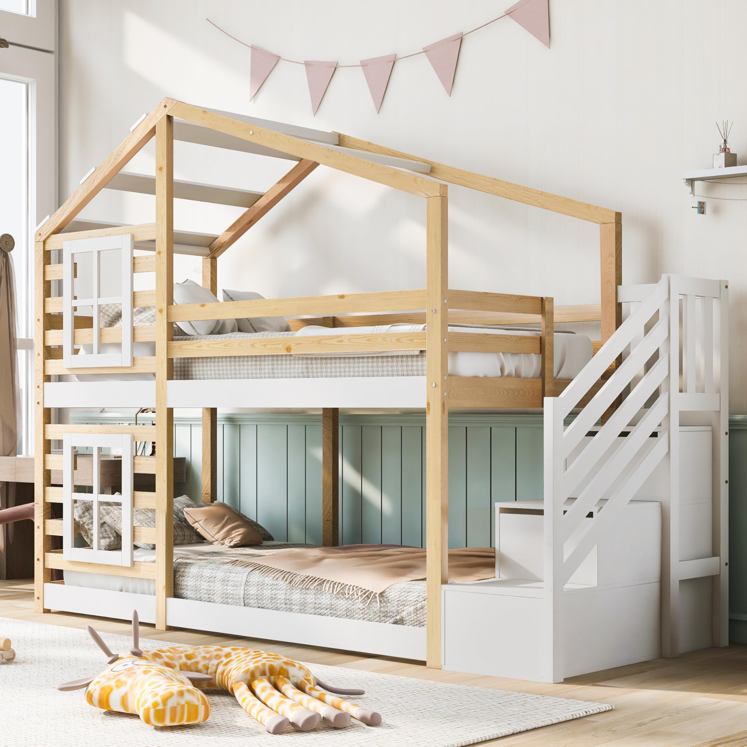 Rtopsu Letto per Bambini a Castello 90x200 cm, Letto per Ragazzi con Scaletta e Contenitore Cassetti, Letti a Soppalco con Sponde e Finestra, Letti con Rete a Doghe, Naturale e Bianco, Senza Materasso