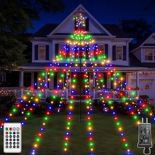 Luces de árbol de Navidad de 340 LED con estrella superior, IP67, impermeable, control remoto, luces de cascada con poste, 16 modos, 3