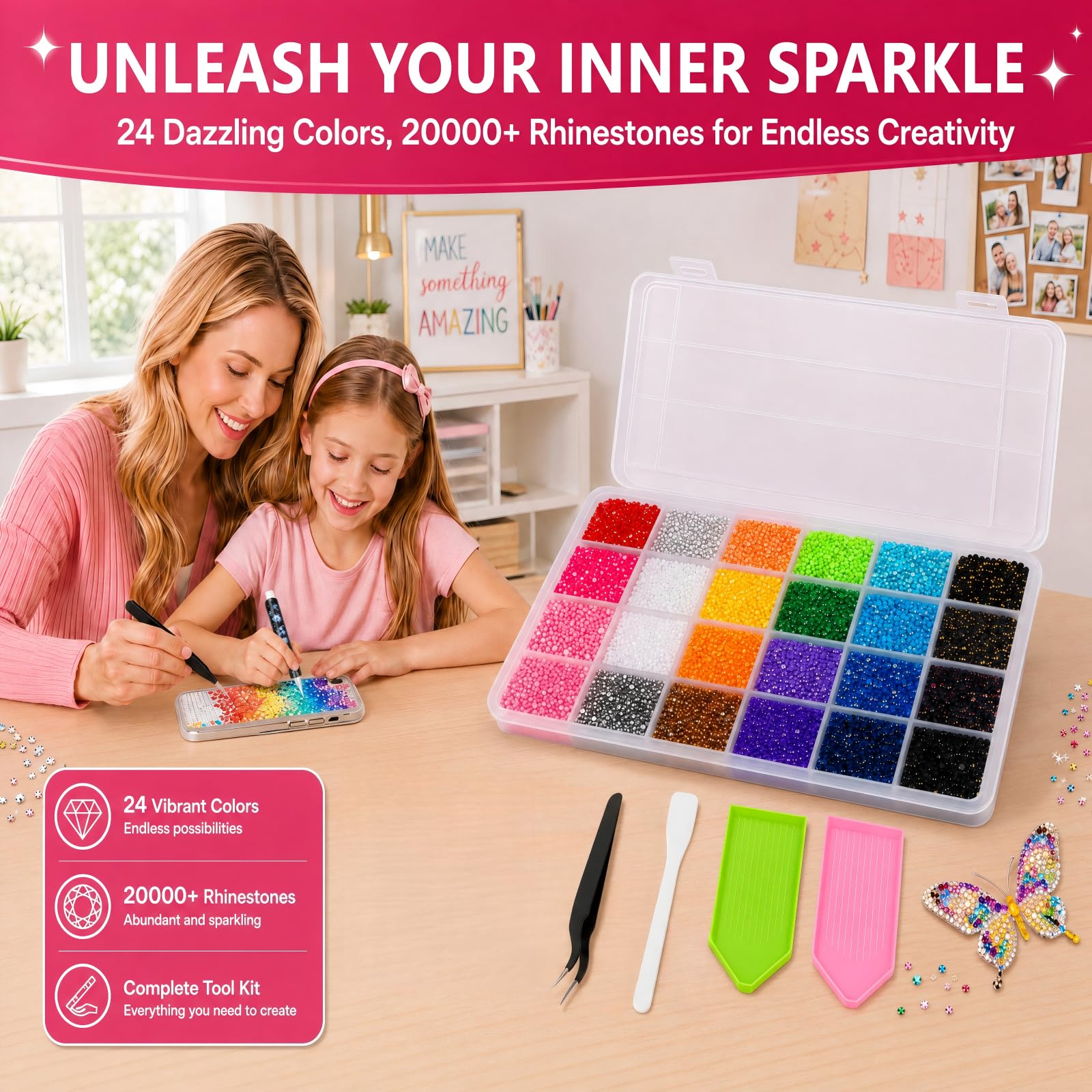 24 Couleurs 3mm Strass Ongle Nail Art, 20000+ Pcs Bedazzling Kit avec Pince à Épiler, Stylo à Pointiller, Rhinestone pour Travaux Manuels, Loisirs Créatifs, Décoration Ongles, Textiles, DIY