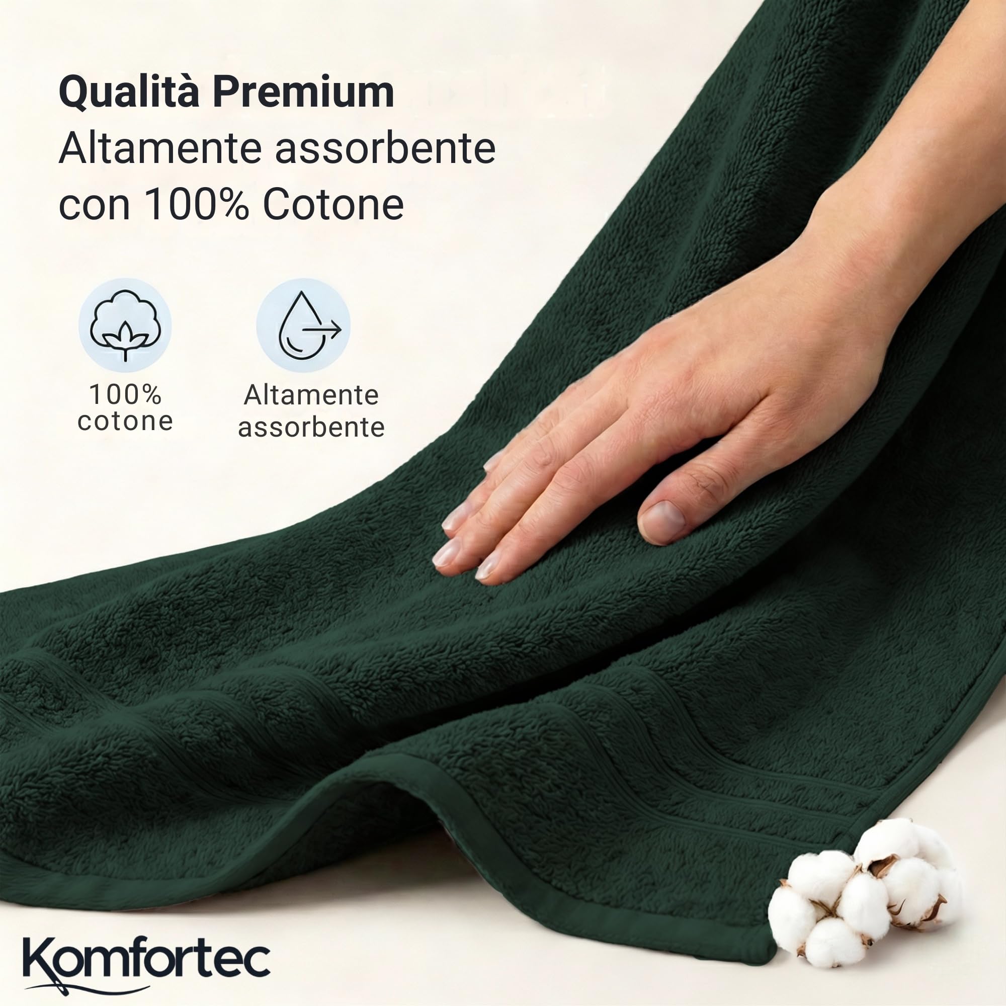 Komfortec Set di 8 asciugamani in 100% cotone, 4 teli da bagno 70 x 140 e 4 asciugamani da 50 x 100 cm, spugna, morbido, grande, verde scuro