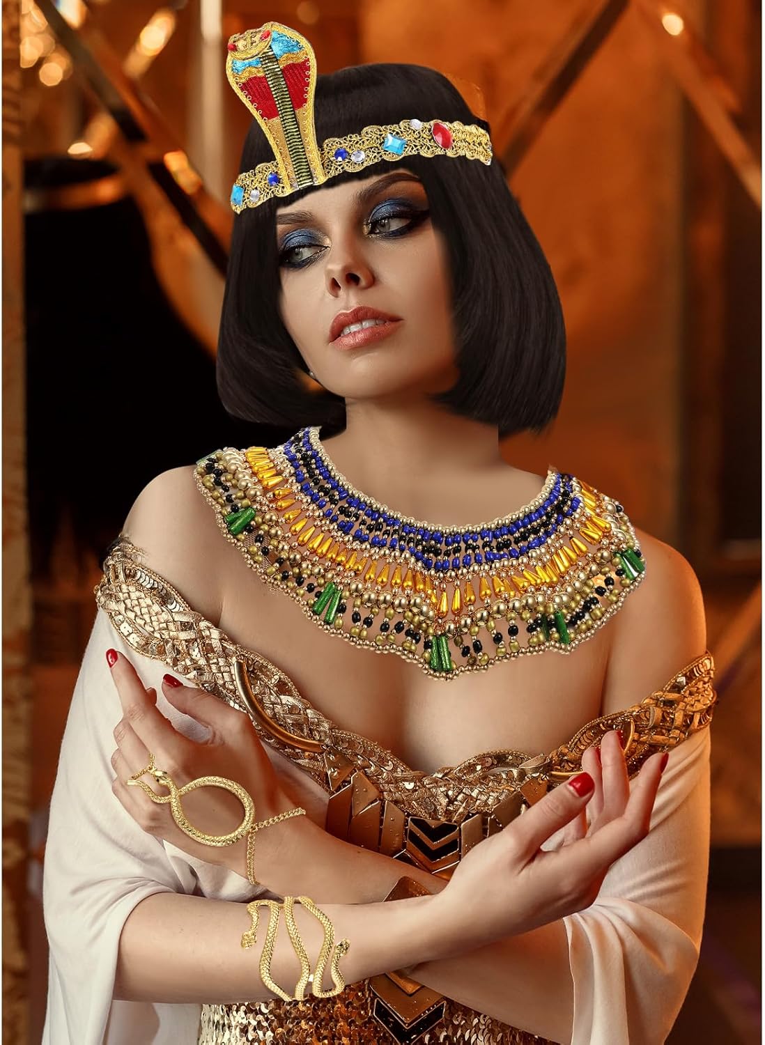 Yunlly 5 Pcs Egyptian Headpiece for Women Short Black Bob Wigs Head Chain Snake Arm Cuff Collar Necklace Bracelet Accessory - Image 7