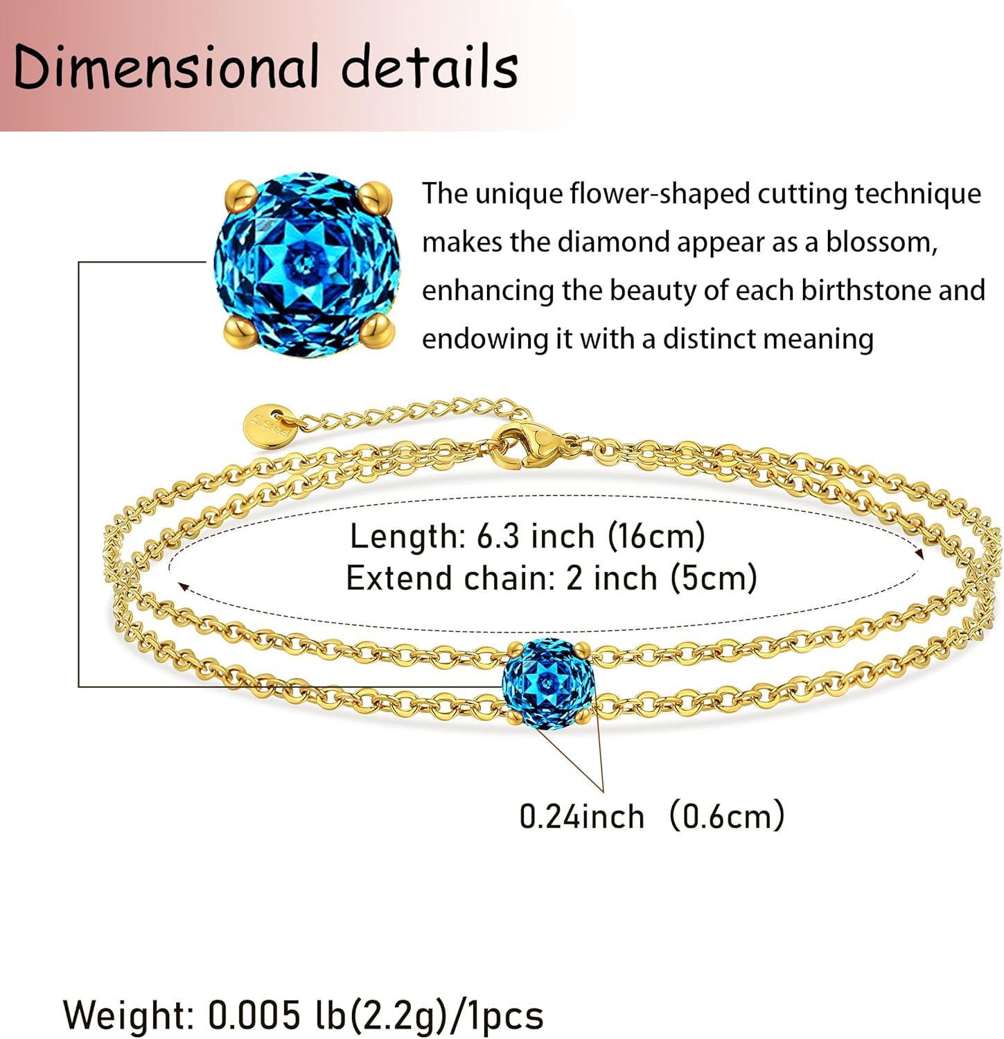 Rose Cut Diamond Womens Birthstone Bracelet Waterproof– 14K Gold Plated Dainty Stainless steel Double Chain Adjustable Bracelet – Minimalist Jewelry Gift for Birthday, Anniversary, Graduation - Image 2