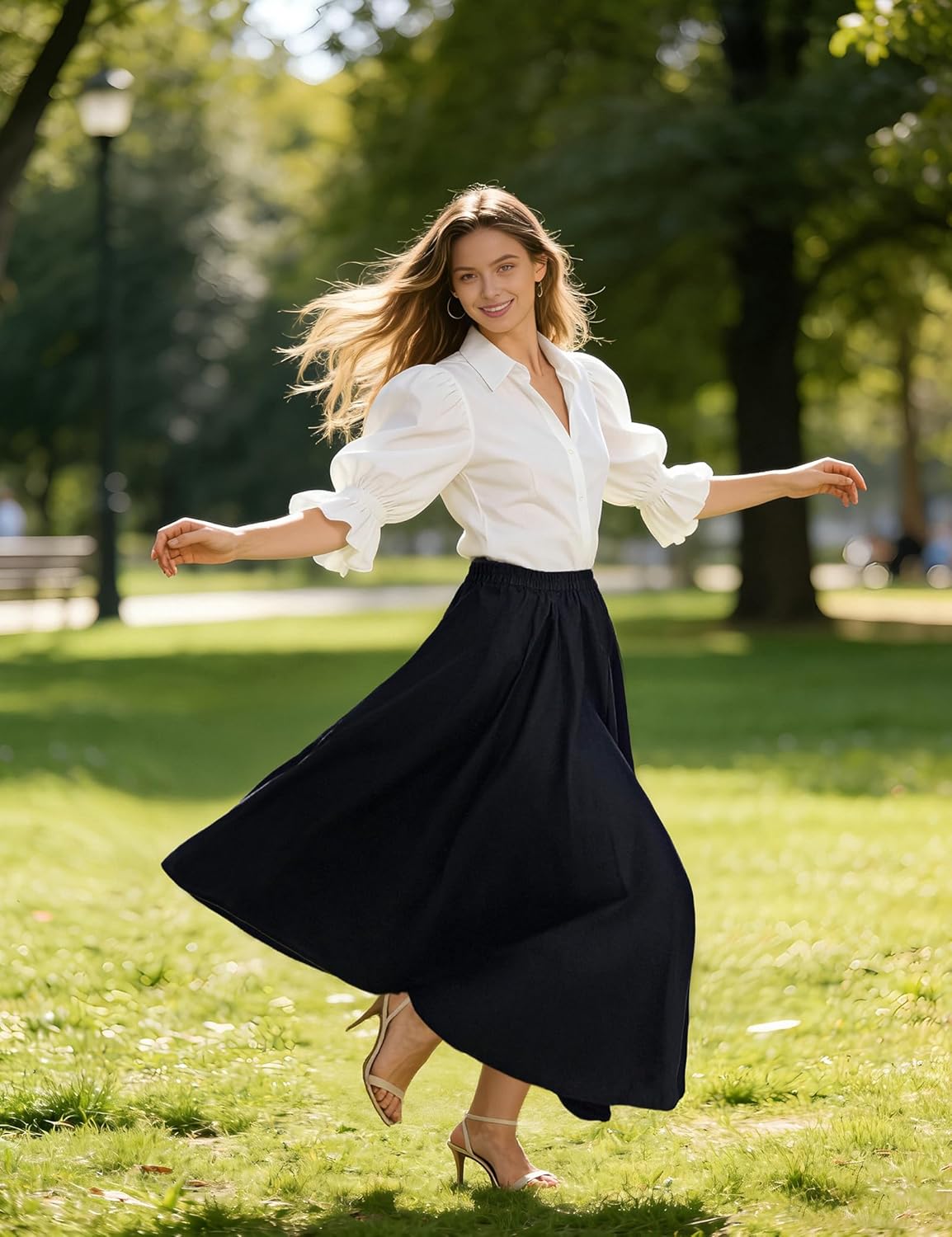 Soojun Women's Solid Cotton Linen Retro Vintage A-line Long Flowy Skirts - Image 6