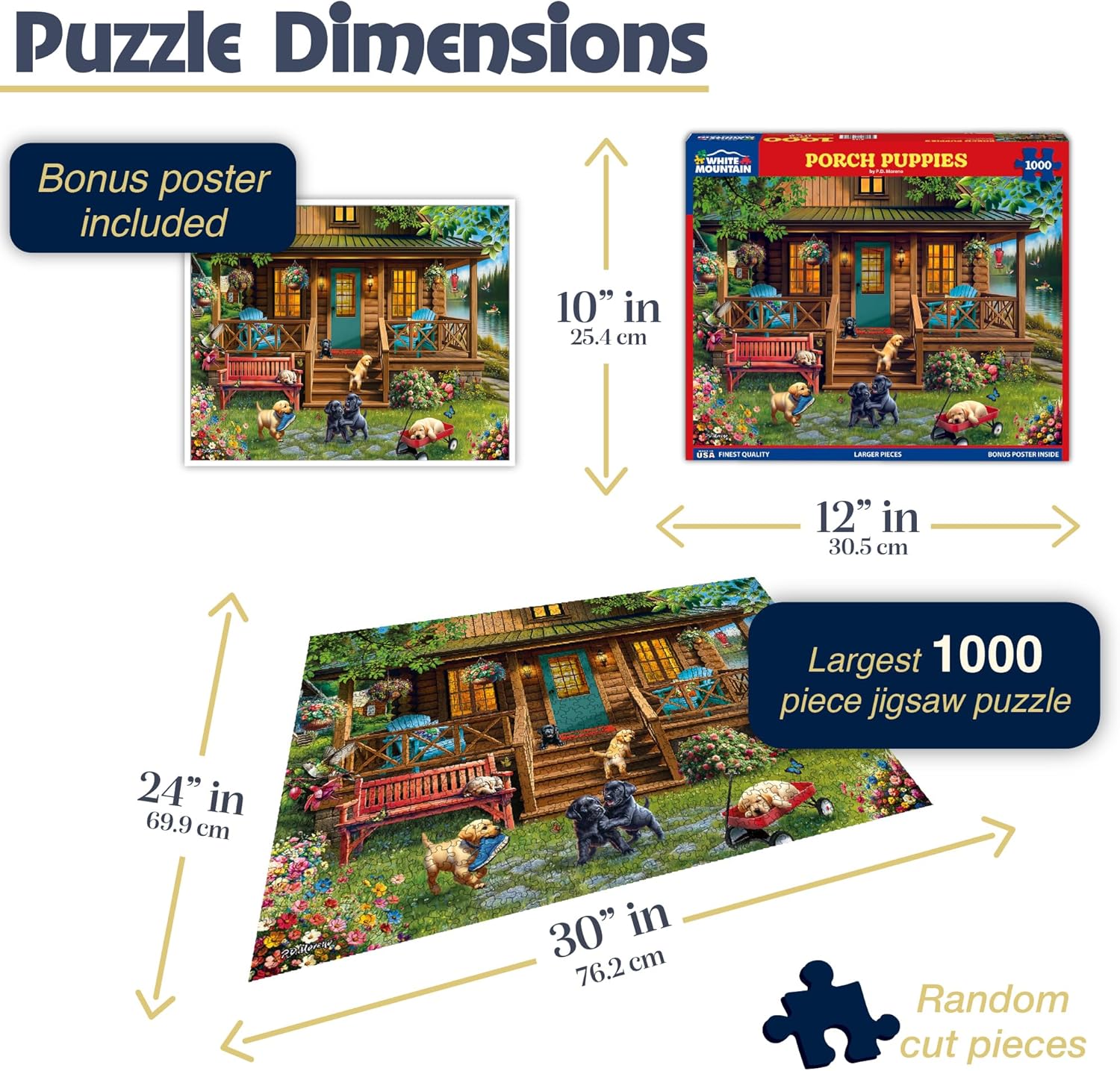 White Mountain 1000 Piece Jigsaw Puzzle Spring Lake Cabin Puzzles with Large Pieces Gift for Adults and Family 24"x30" - Porch Puppies