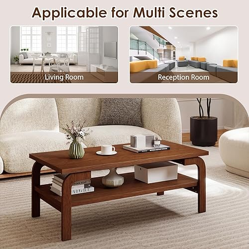 Miniatura 7 de GOFLAME Mesa auxiliar rectangular con almacenamiento, mesa central moderna de mediados de siglo con estante abierto y patas curvas, 2 niveles, mesas