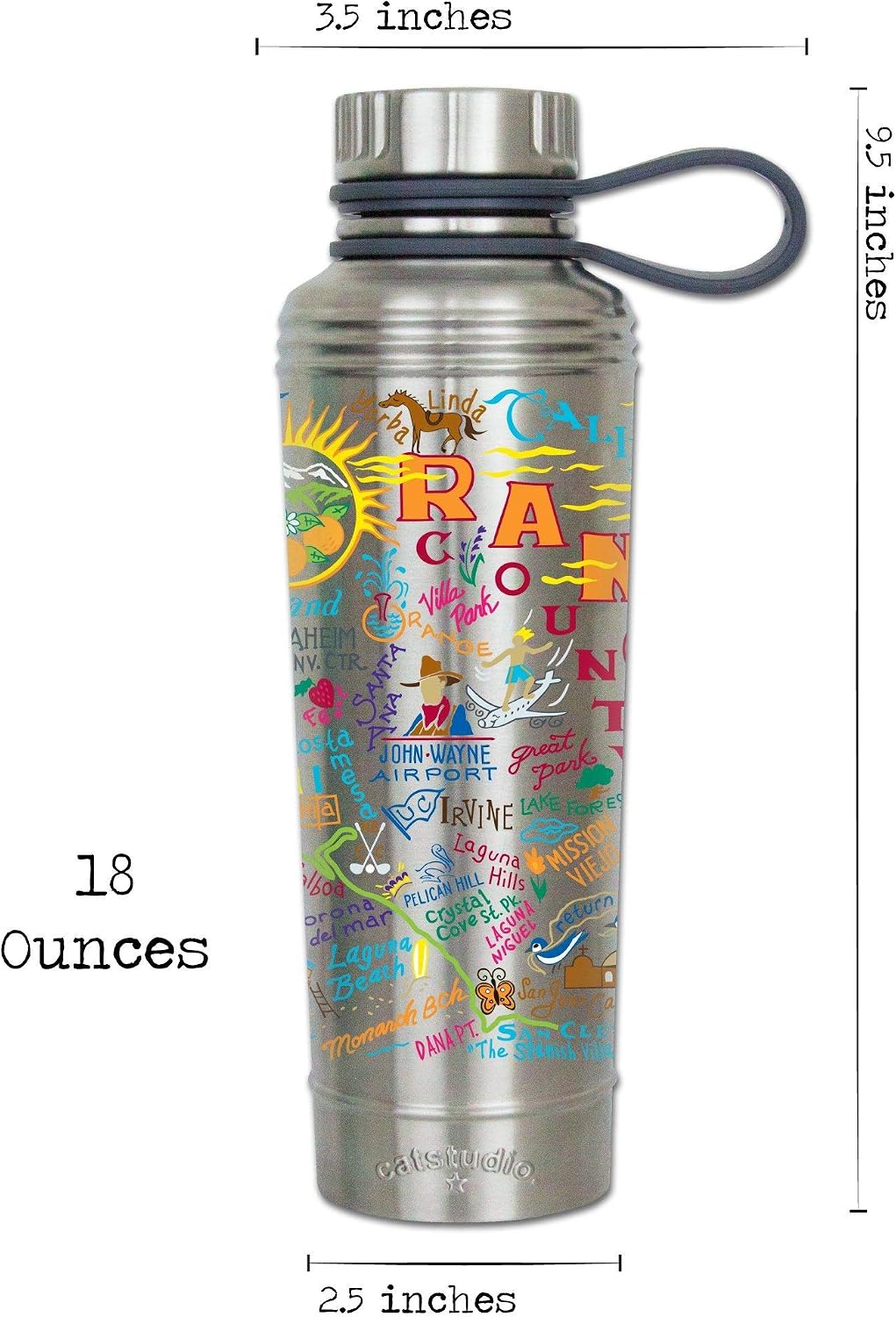 Catstudio Orange County Stainless Steel Water Bottle | Triple Wall Insulation With Non Slip Bottom | Great For Running, Hiking, Sports, & Travel