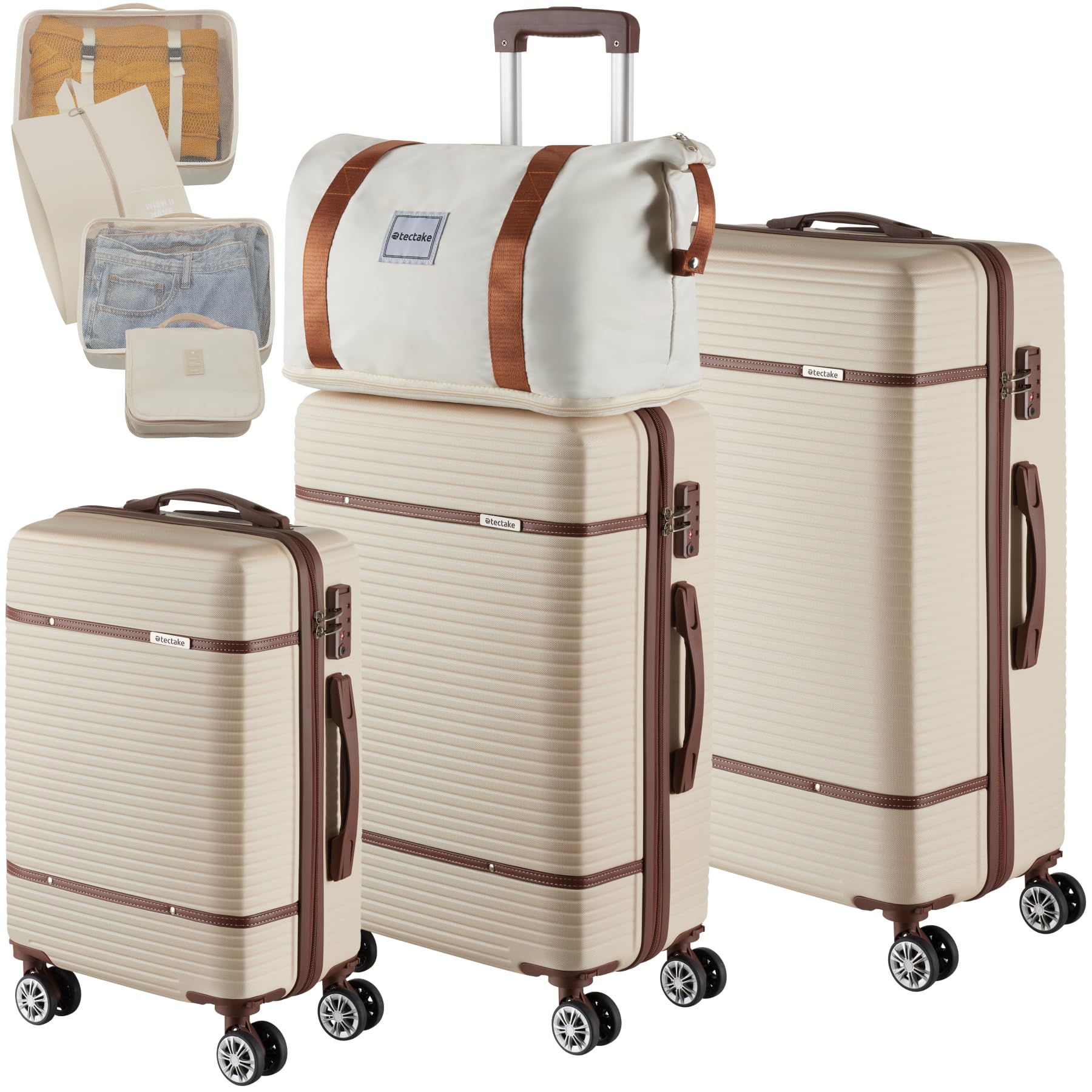 tectake® Set Valigie Da Viaggio, 13 Pezzi, Valigie Impilabili in ABS, Finiture in Similpelle, Rotelle Girevoli a 360°, Lucchetto TSA, Manico Telescopico Regolabile, Interno Separabile – Crema