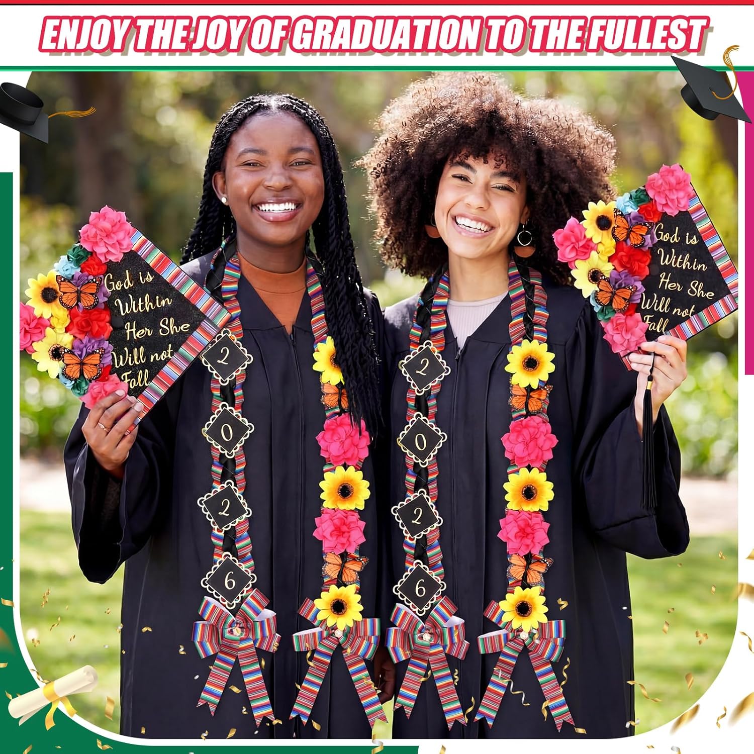 Dunzoom Mexican Pre-assembled Graduation Cap Topper & Lei Set with Alphabet Letter Stickers Handmade Class of 2026 Graduation Decorations Kit for Grad Party Gifts Art Crafts(Vibrant,Colorful)