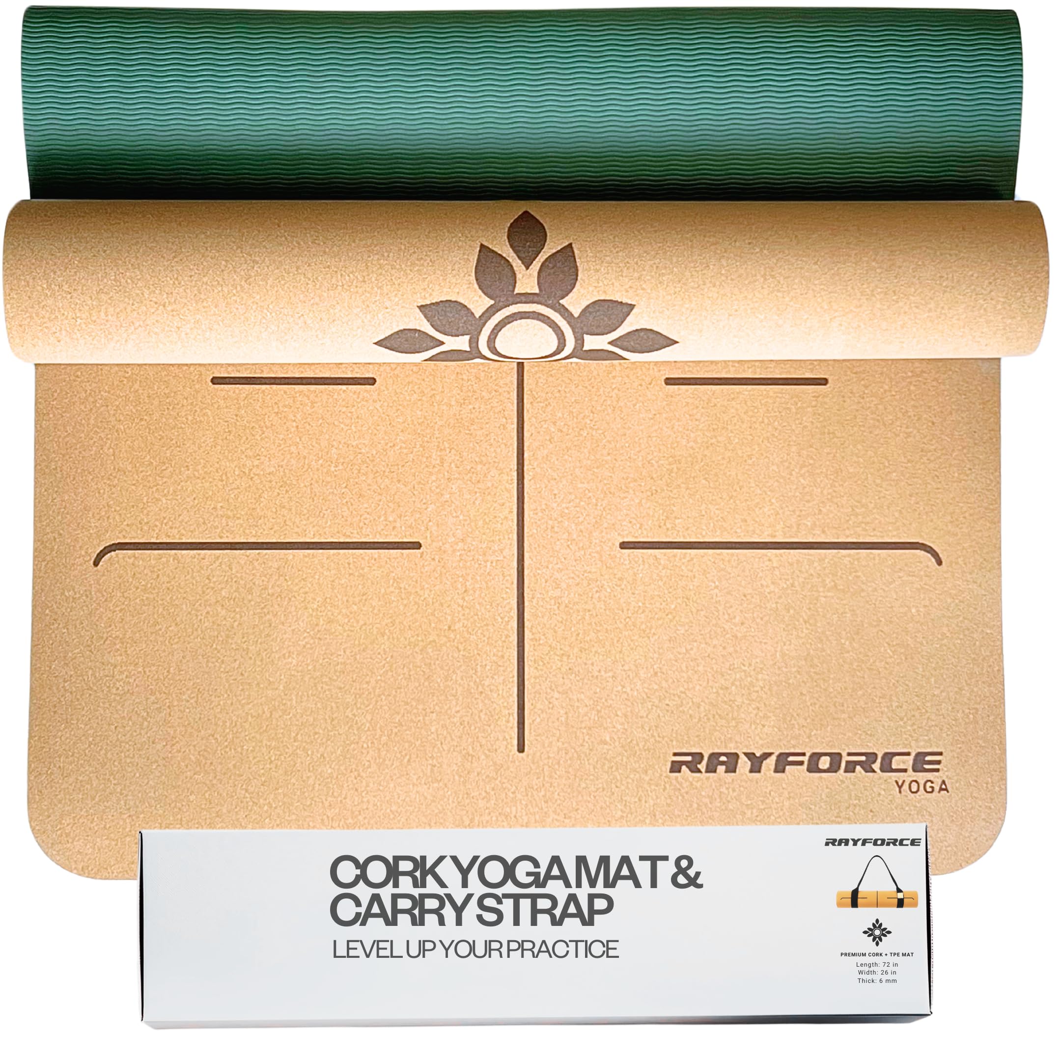 PREMIUM Cork Yoga Mat (6mm) and Carry Strap - Thick Mat with Alignment Marks, Non-Slip, Super Grip, Lightweight, Eco-Friendly & Natural (Green/Cork)