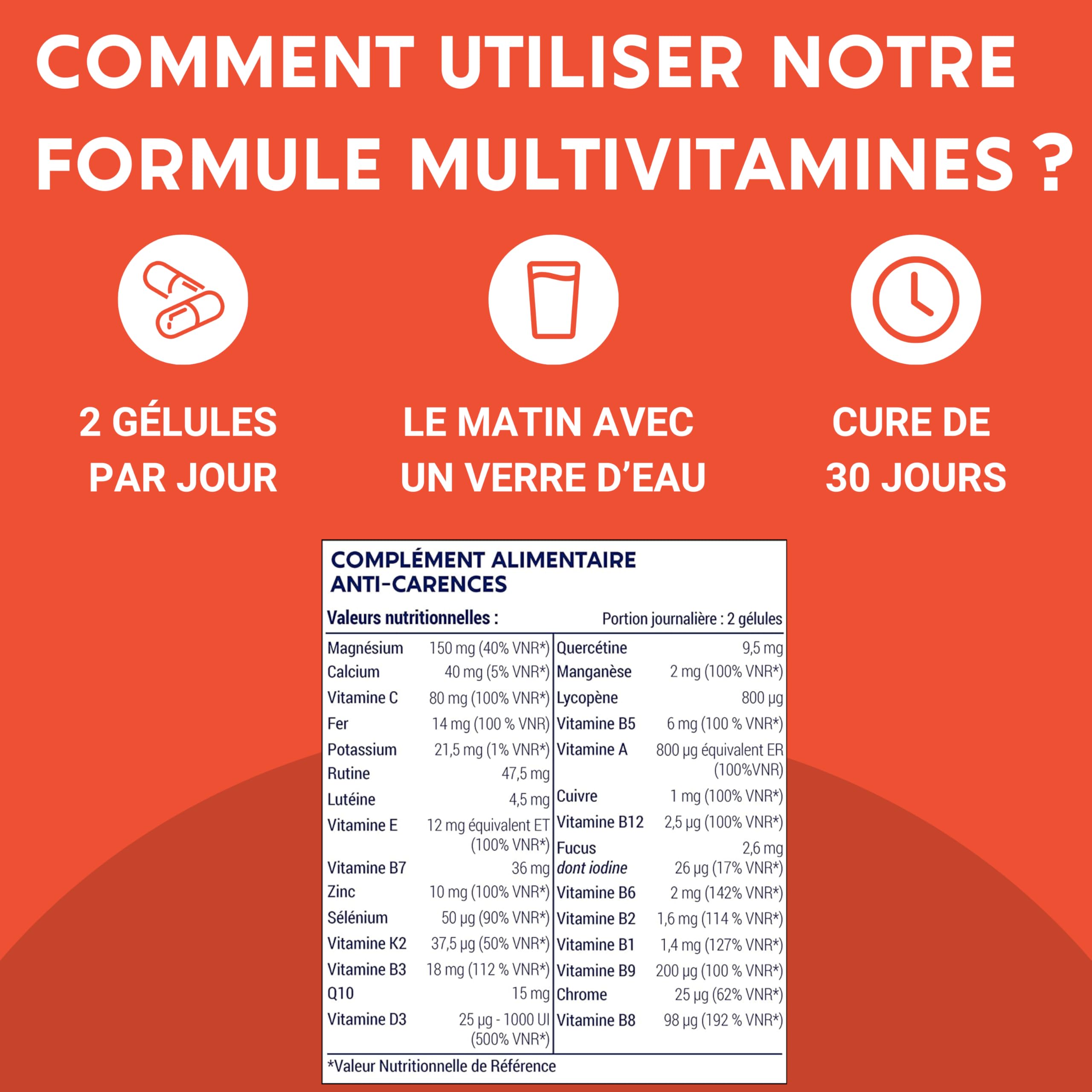 FORMULE MULTIVITAMINES et Minéraux 30 Nutriments | Vitamine A B C D E K, Quercetine, Magnesium, Zinc, Coenzyme Q10, Selenium | Complement Alimentaire | Fabriqué en France | 60 gélules