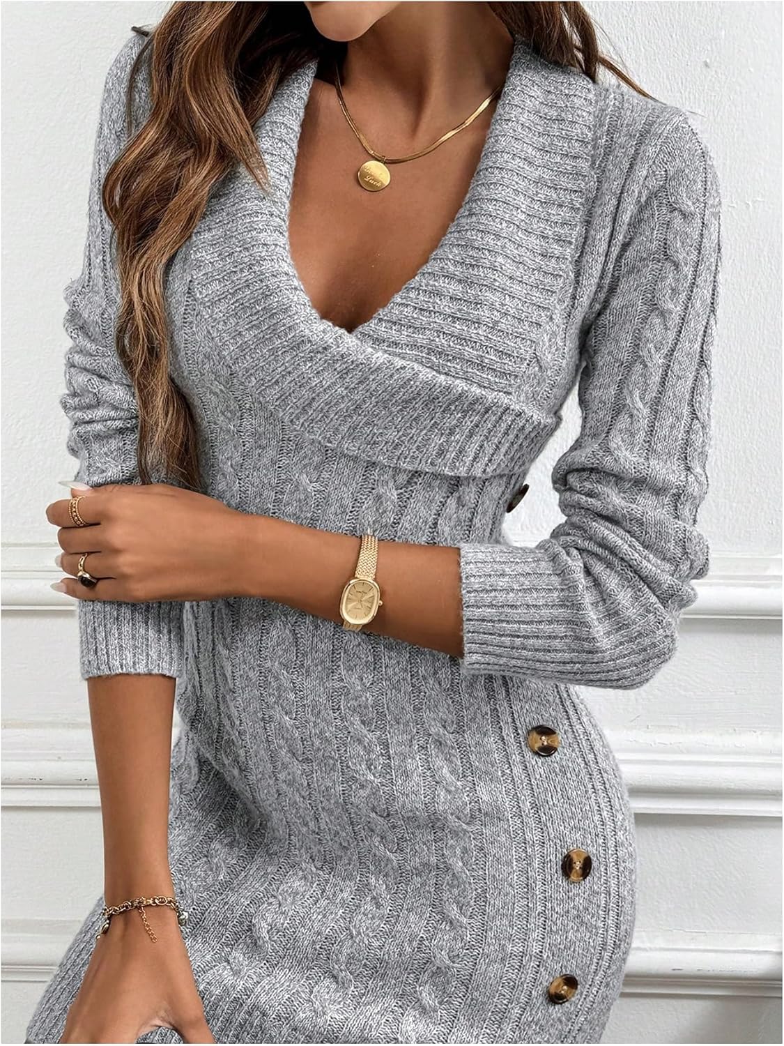 SOLY HUX Women's Elegant Wrap V Neck Mini Sweater Dress Long Sleeve Button Bodycon Ribbed Knit Dresses - Image 4