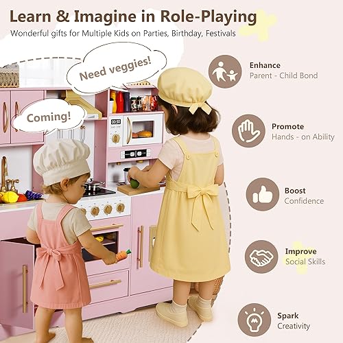 Miniatura 3 de Kinder King Cocina de madera para niños, juego de cocina de juguete para niños pequeños, juego de cocina con sonidos reales, máquina de café de