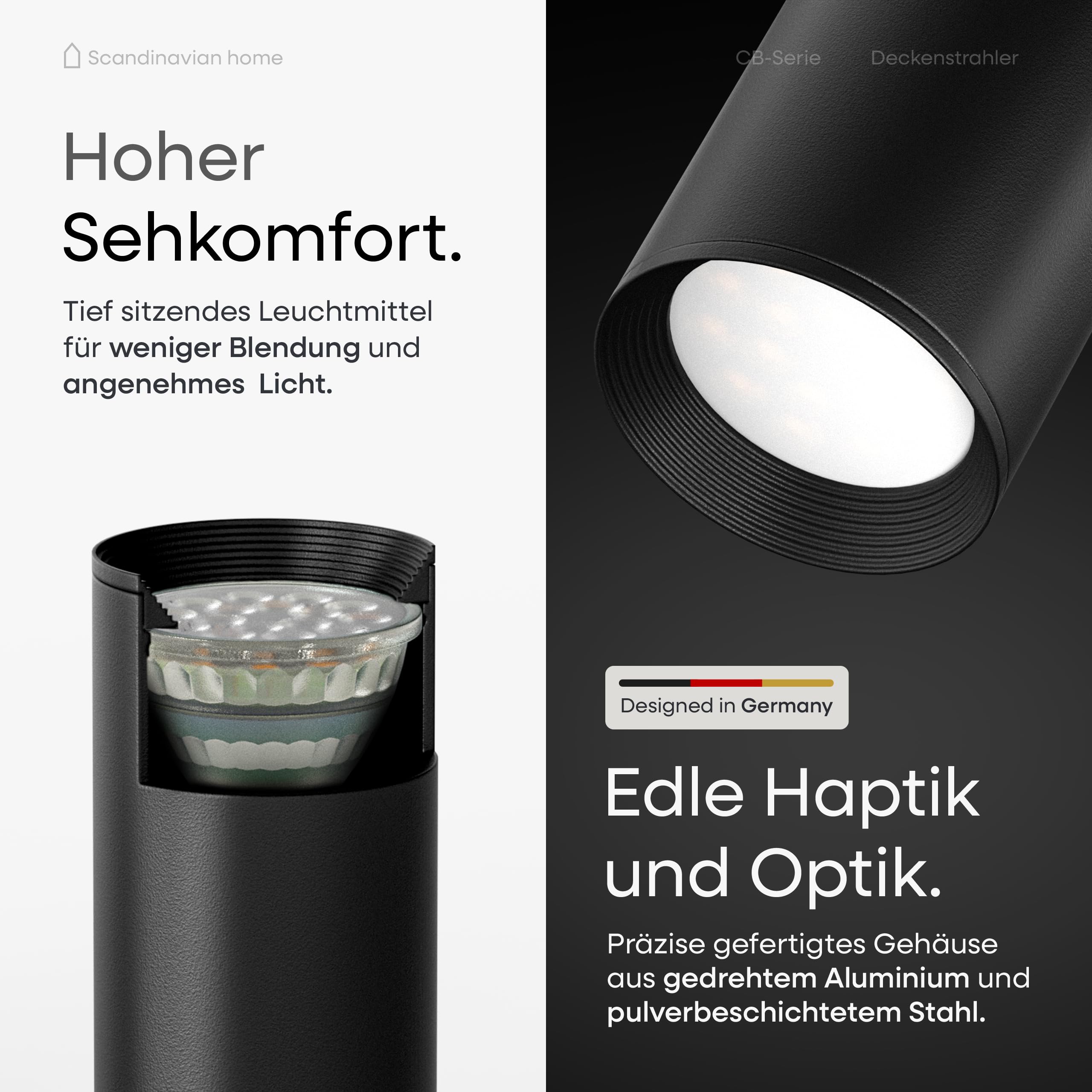 Scandinavian home Deckenstrahler 4-flammig GU10 Deckenlampe 360° Schwenkbar Blendfrei Flach Matt Schwarz