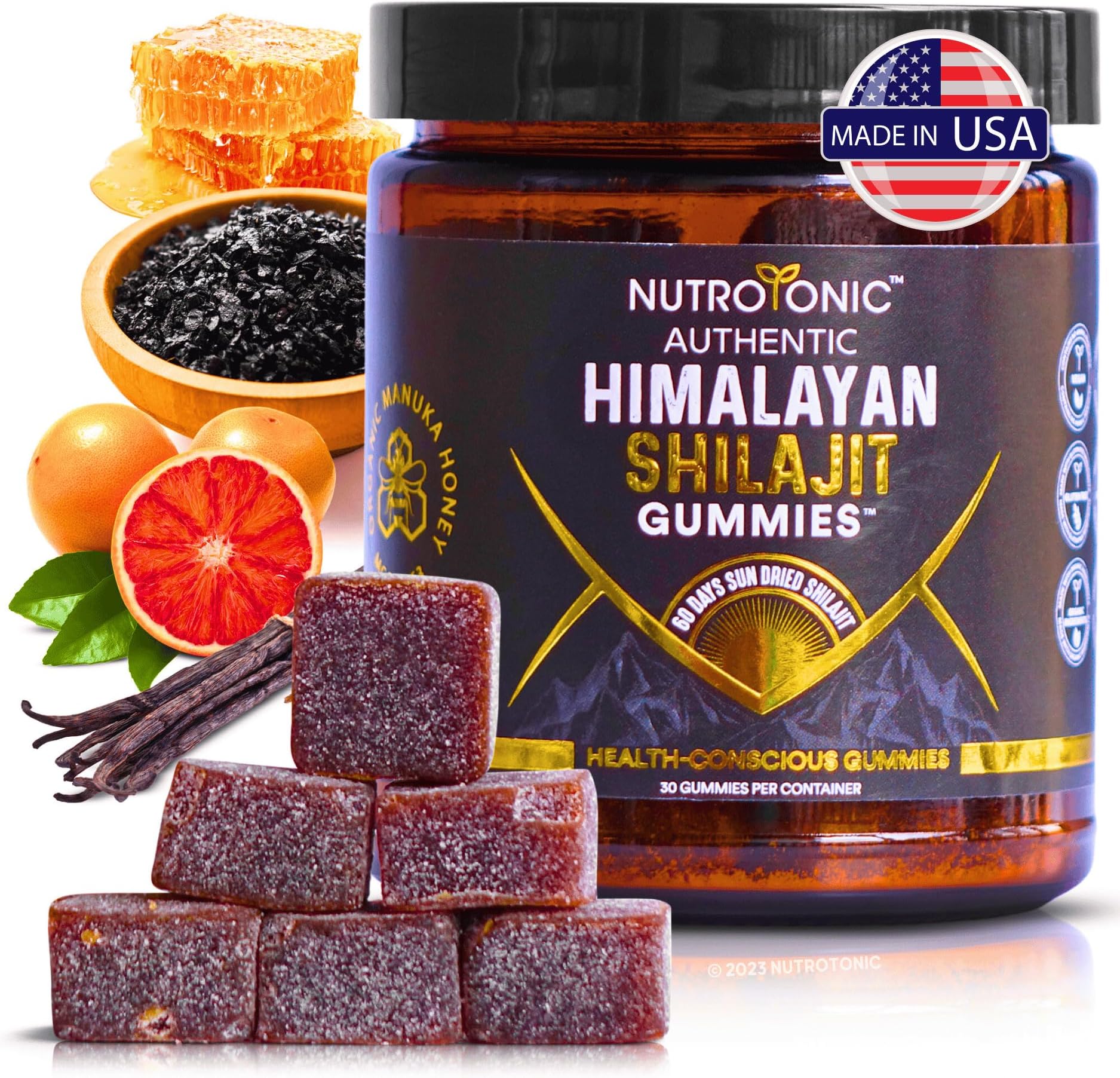Organic SHILAJIT Gummies by NutroTonic | Cane Sugar Free, Sweetened by Organic Manuka Honey | Clean Formula | Natural Fulvic & Humic Acid | Heart & Brain, Cellular Health | 30 Healthy Gummies (1)